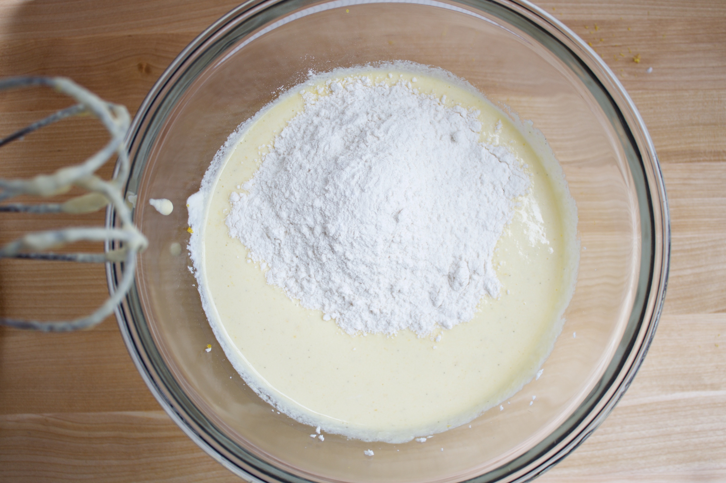 6) Add flour, baking powder, & salt to the bowl and mix