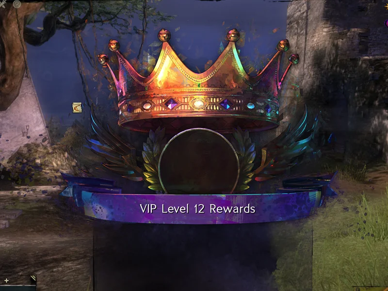 Illustrative crown, award container, and ribbon created for VIP level rewards for use in the Chinese version of the game.