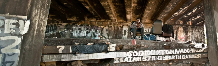 Homeless Man Using His Cellphone Panorama
