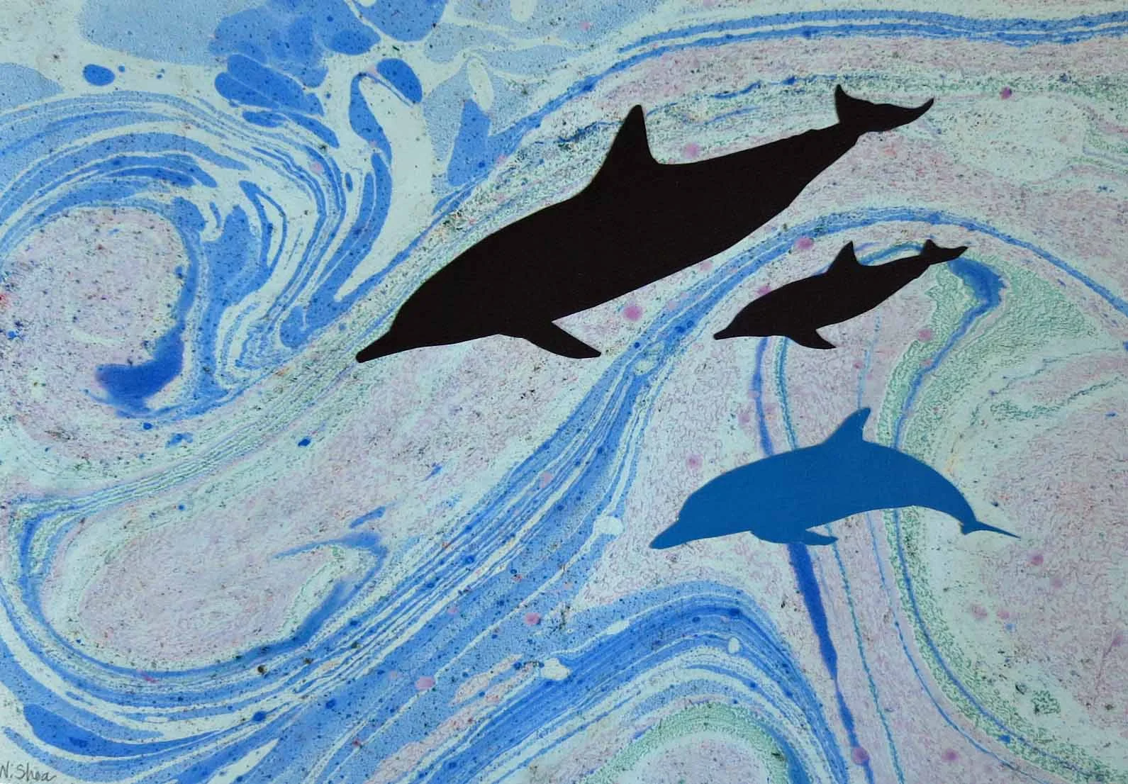Dolphin Family, original paperscape, 16 x 20. framed, $120