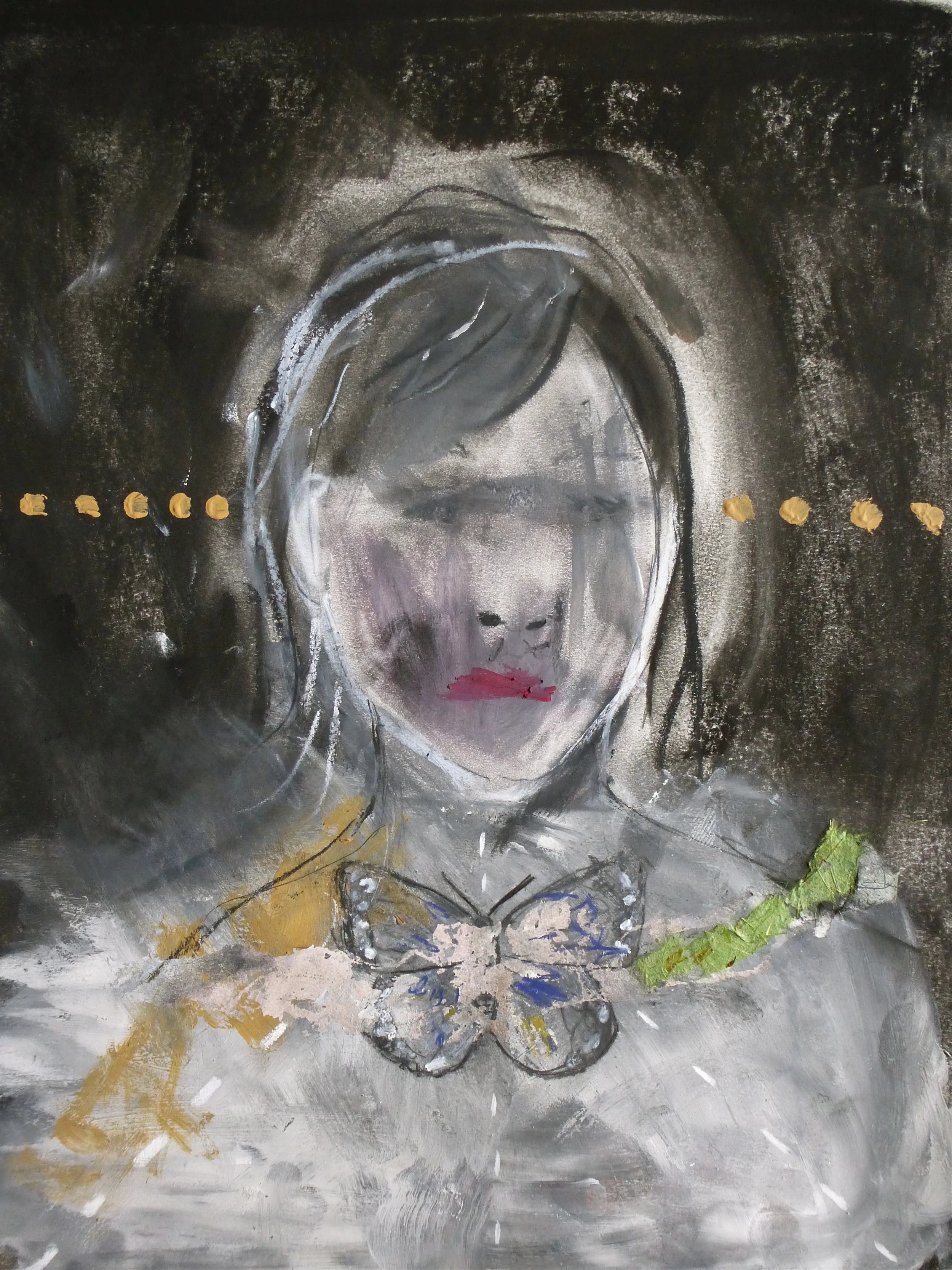  A girl with a butterfly in her throat  Acrylic and dry pastel on paper &nbsp;28x34 