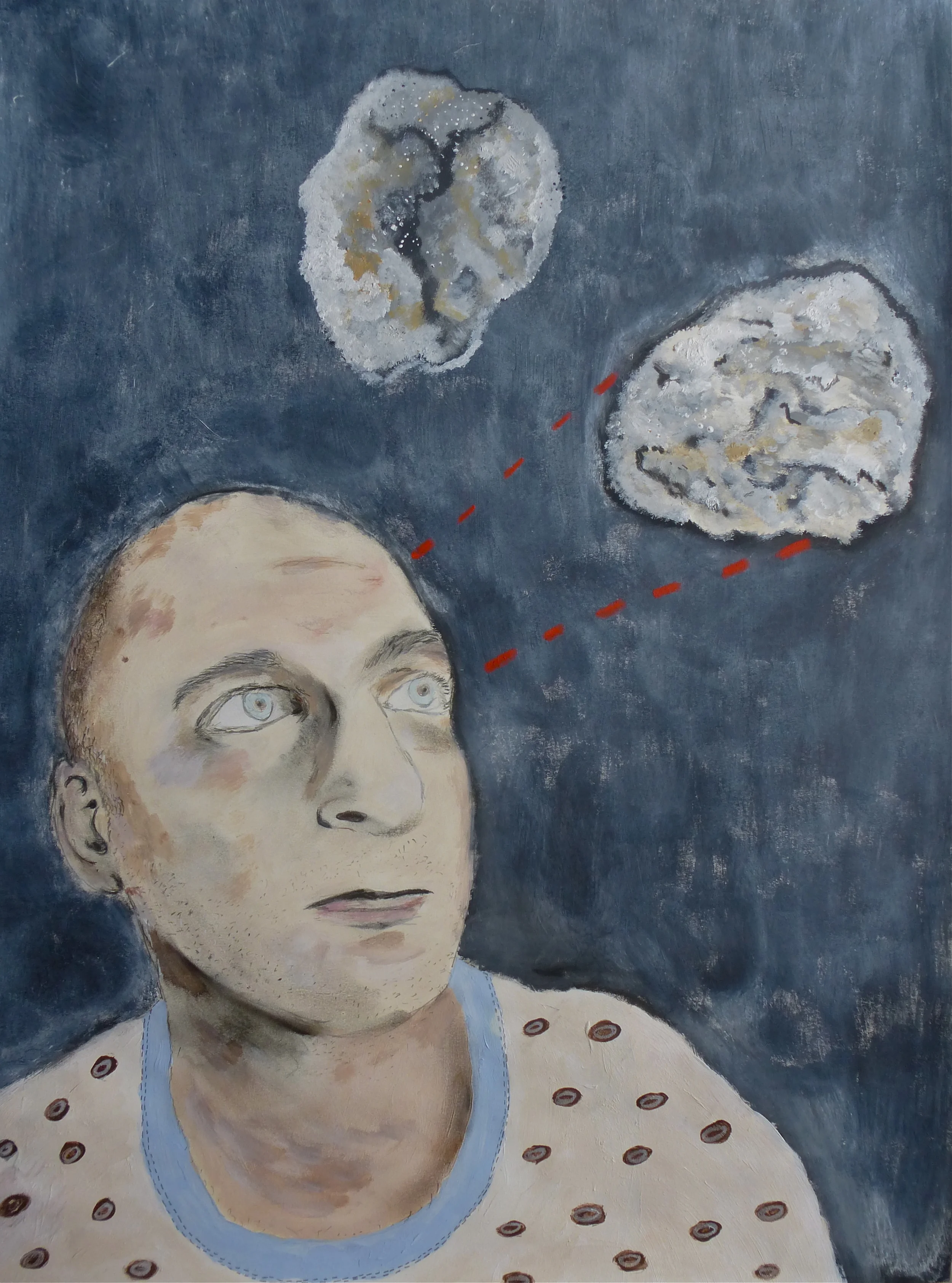   Self-portrait    with stones my father brought from his mission to the&nbsp;moon in&nbsp;1969    Acrylic on paper 45x61cm     