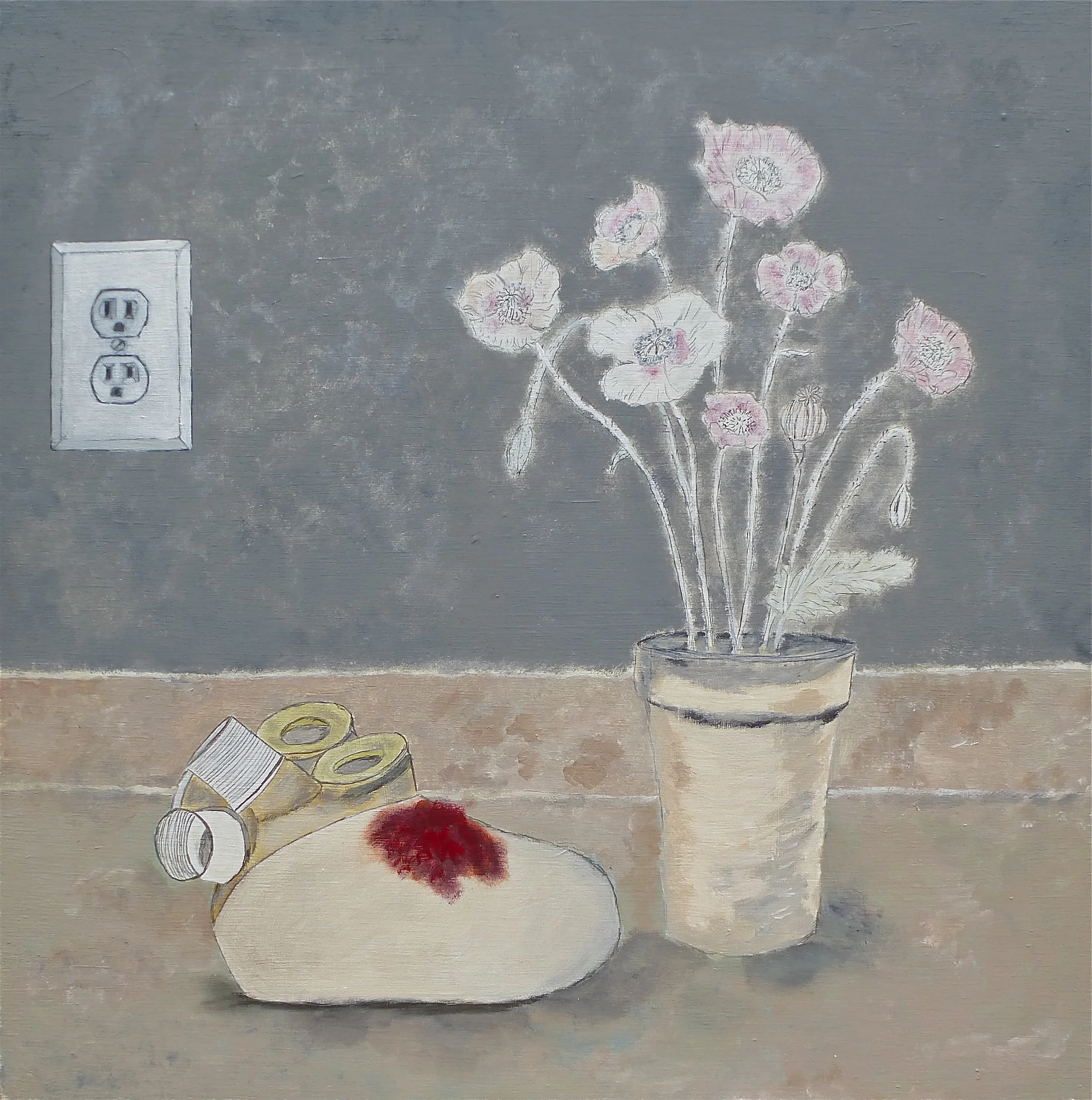    Still Life #3 Electrical outlet, Poppies and artificial heart    Acrylic on wood panel 53x53cm 