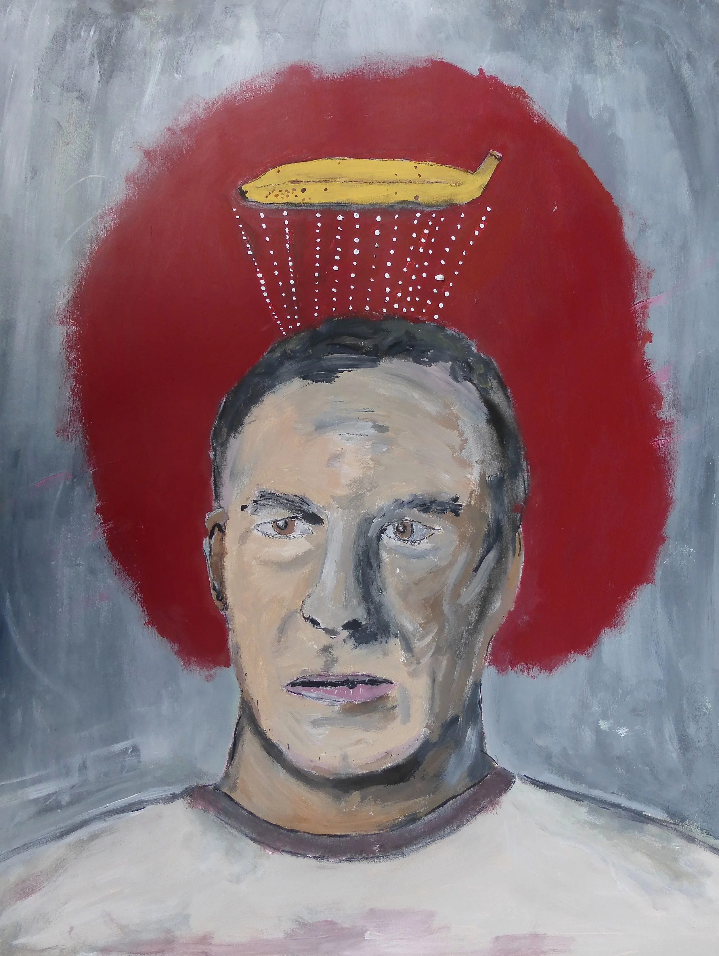  Man with super power straightening a banana  Acrylic on paper 48x61cm 