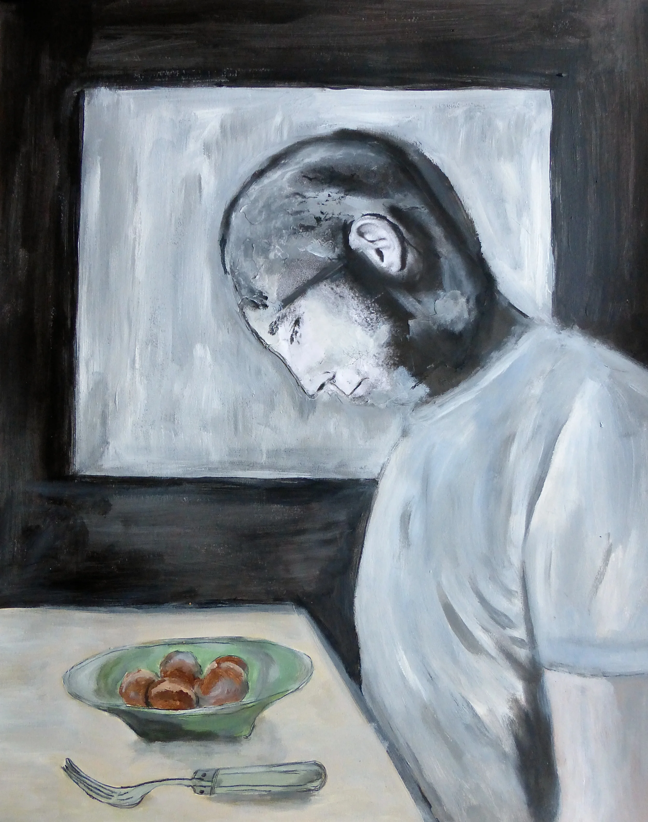  Man gazing at IKEA meatballs in disbelief  Acrylic on paper 48x61cm 