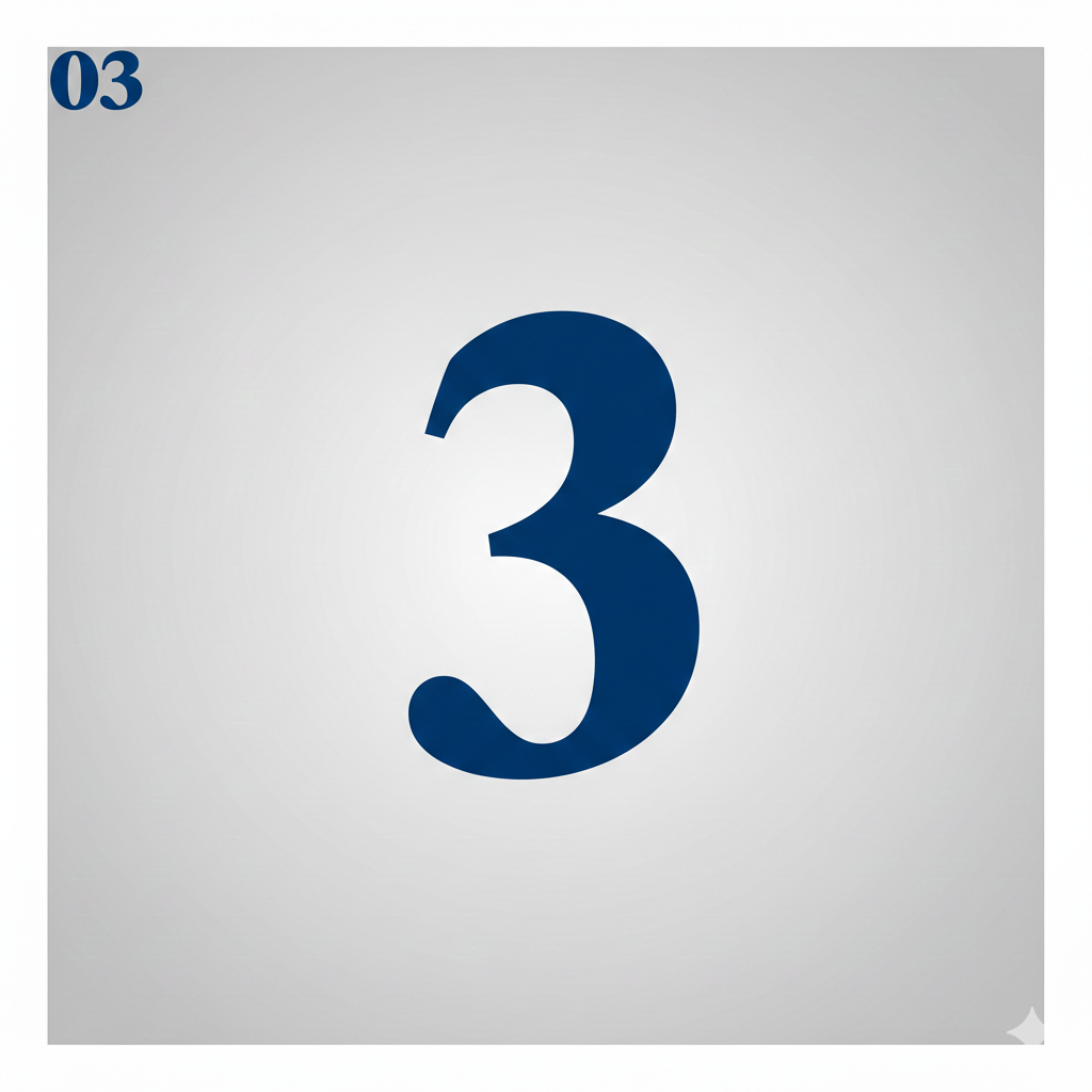 Number 3 in large dark blue font on a light background, with small '03' in the top left corner.