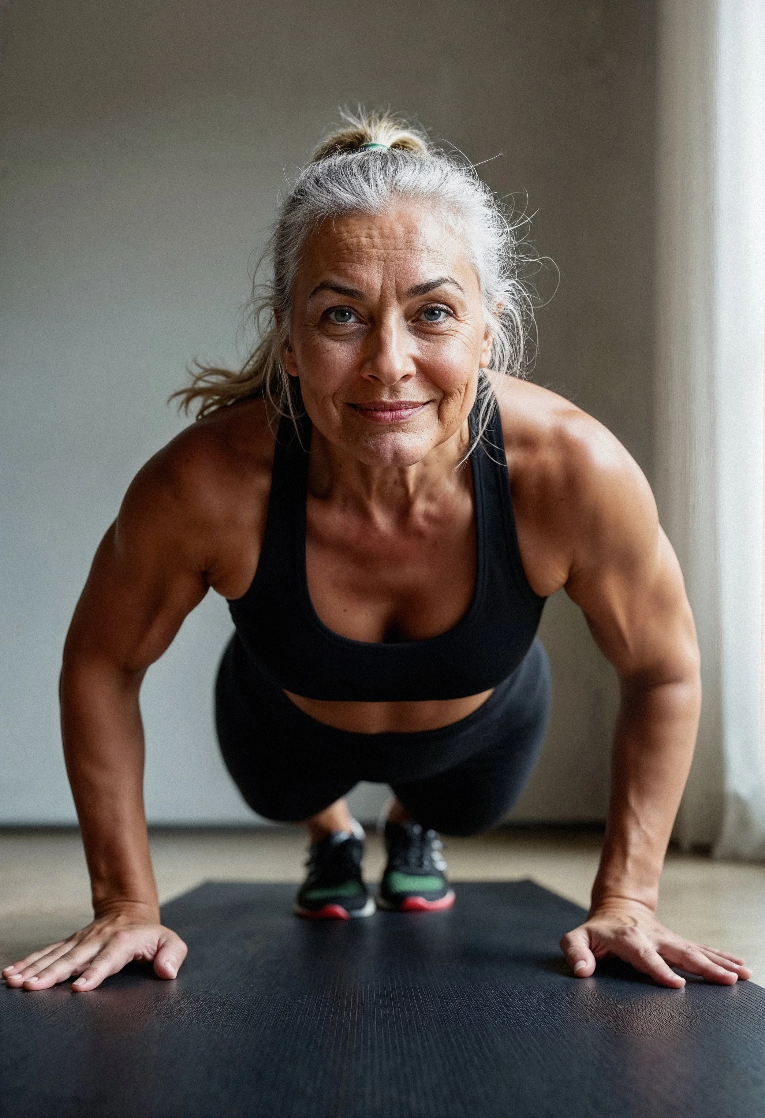 An older woman with gray hair in a ponytail doing a push-up on a black yoga mat indoors, smiling at the camera.