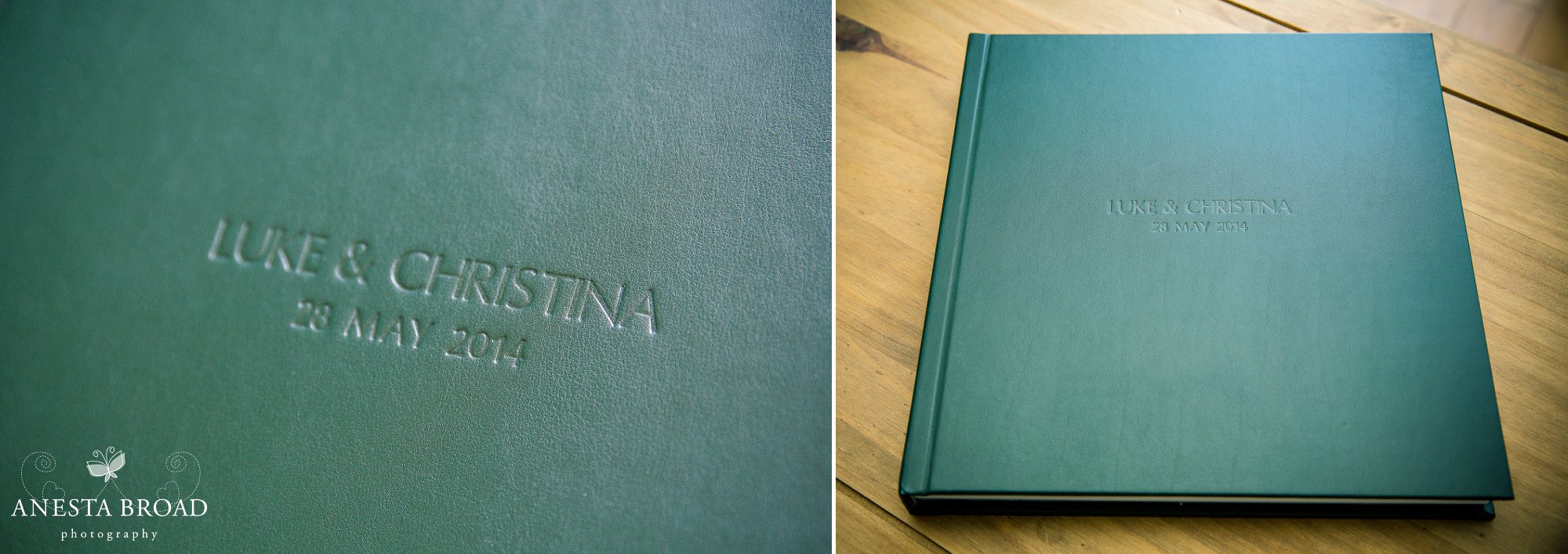 12x12 Green leather cover with names and date debossed