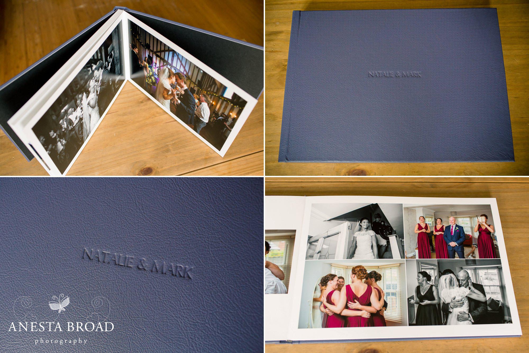 10x14 Navy Leather album with names debossed on the cover