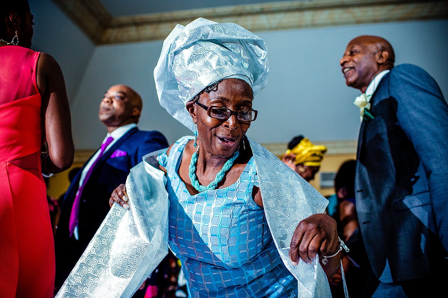 Guests dancing at Woolston Manor Essex Wedding