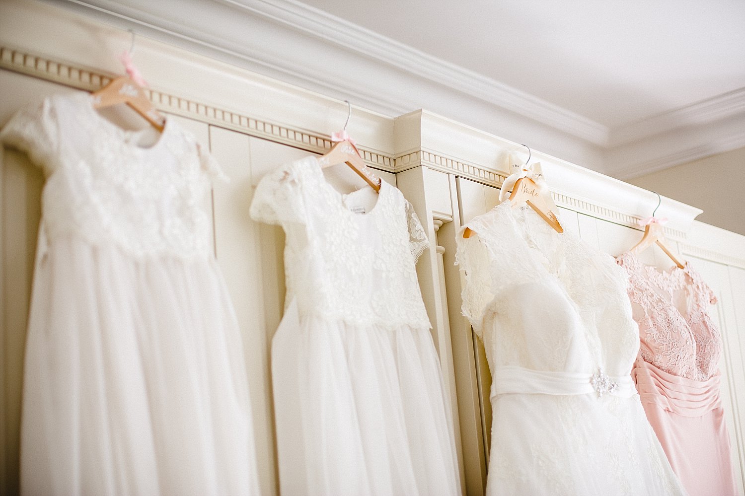 Moor Hall Essex Wedding Photographer - Bridesmaids dresses on Bespoke Hanger