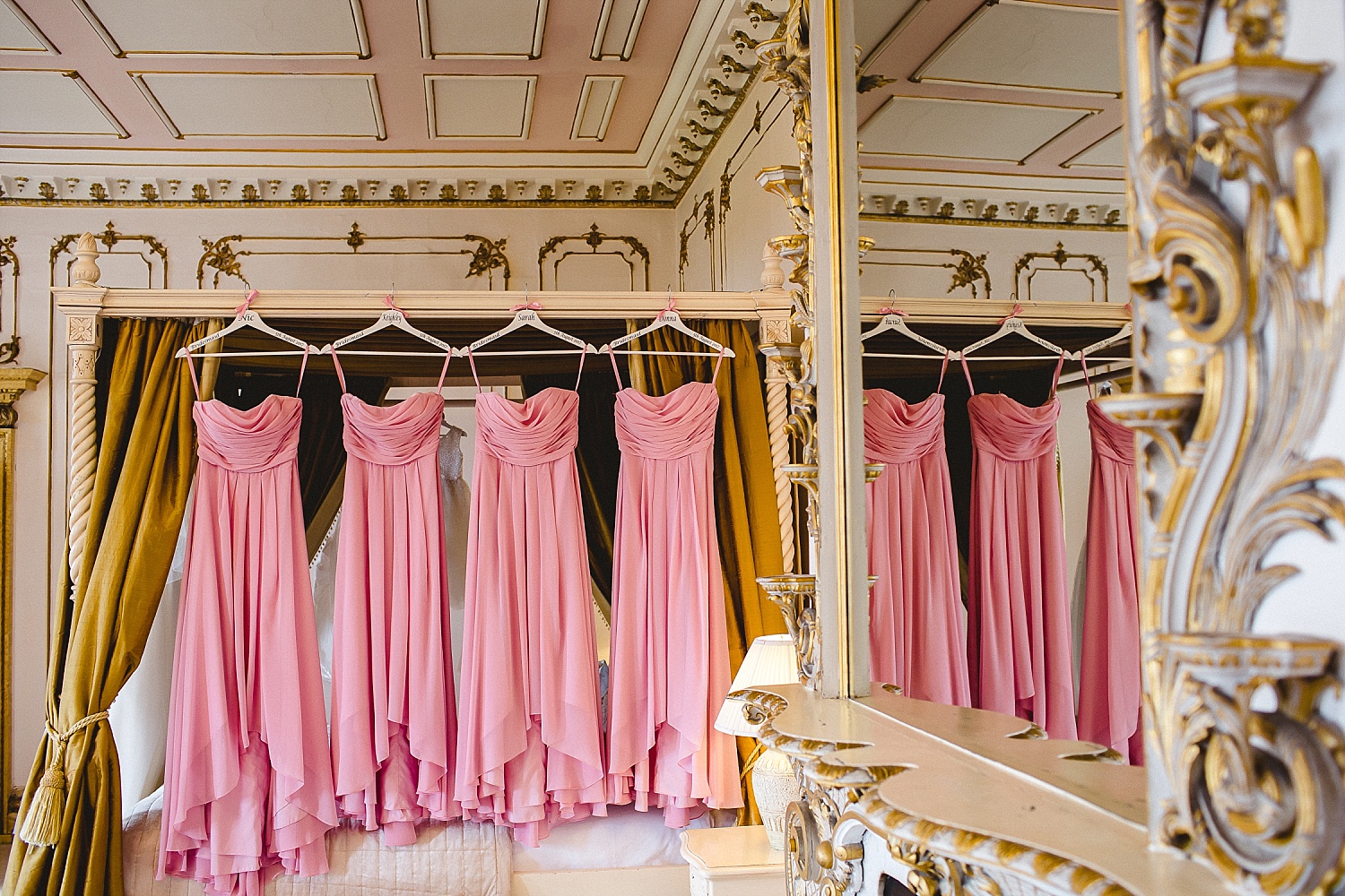 Gosfield Hall Wedding Photographer - Bridesmaids dresses in the Bridal Suite