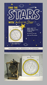 An elaborate mix of vintage star calculating equipment takes precedence in the author’s collection. Accustar’s 90-page pamphlet fits nicely on bookcase shelves, while the sky finder contributes to an older clock collection.
