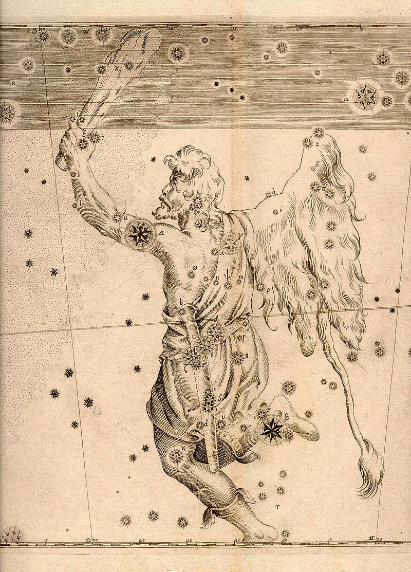 The Constellation Orion from Bayer’s sky atlas of 1603. Note the alpha star (Betelgeuse) and beta star (Rigel).