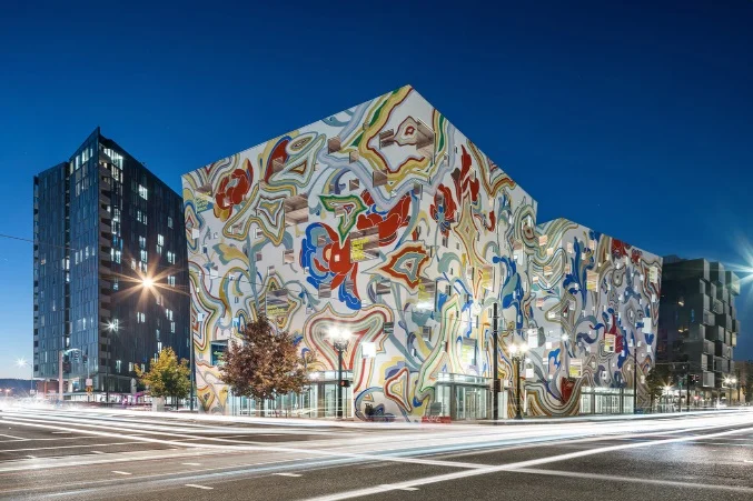 Concept image of the Fair-haired Dumbbell Building by night submitted to the City of Portland during planning process. © Guerrila Development
