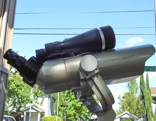 Our new Oberwerk 105 mm Binoculars, with a pair of Orion 20x80's on top, to compare sizes.
