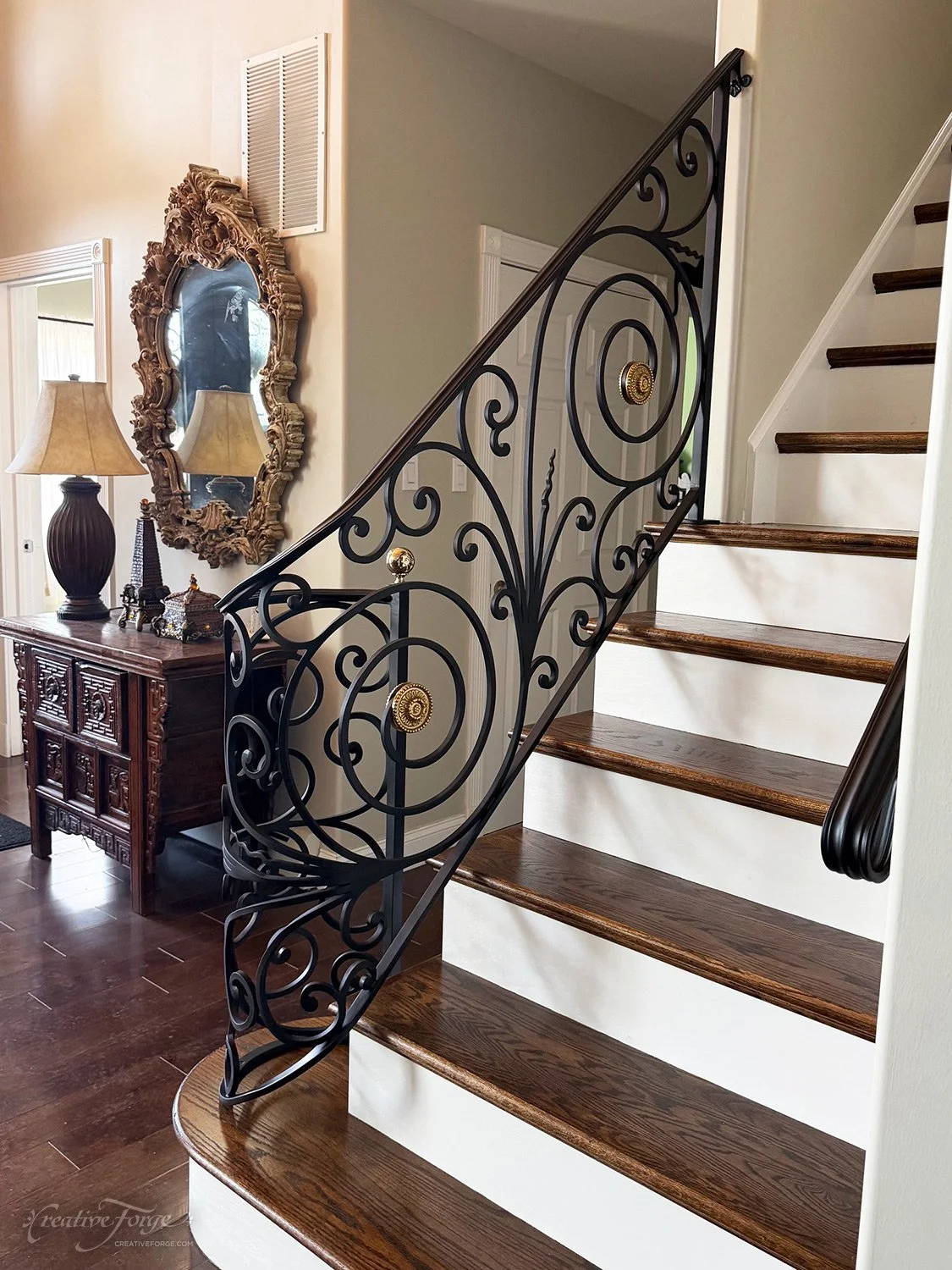 Ornamental Wrought Iron Staircase Railing with Hand-Forged Scrollwork