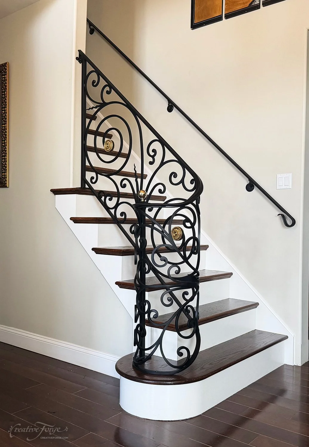 Custom Wrought Iron Stair Railing with Ornamental Scrollwork