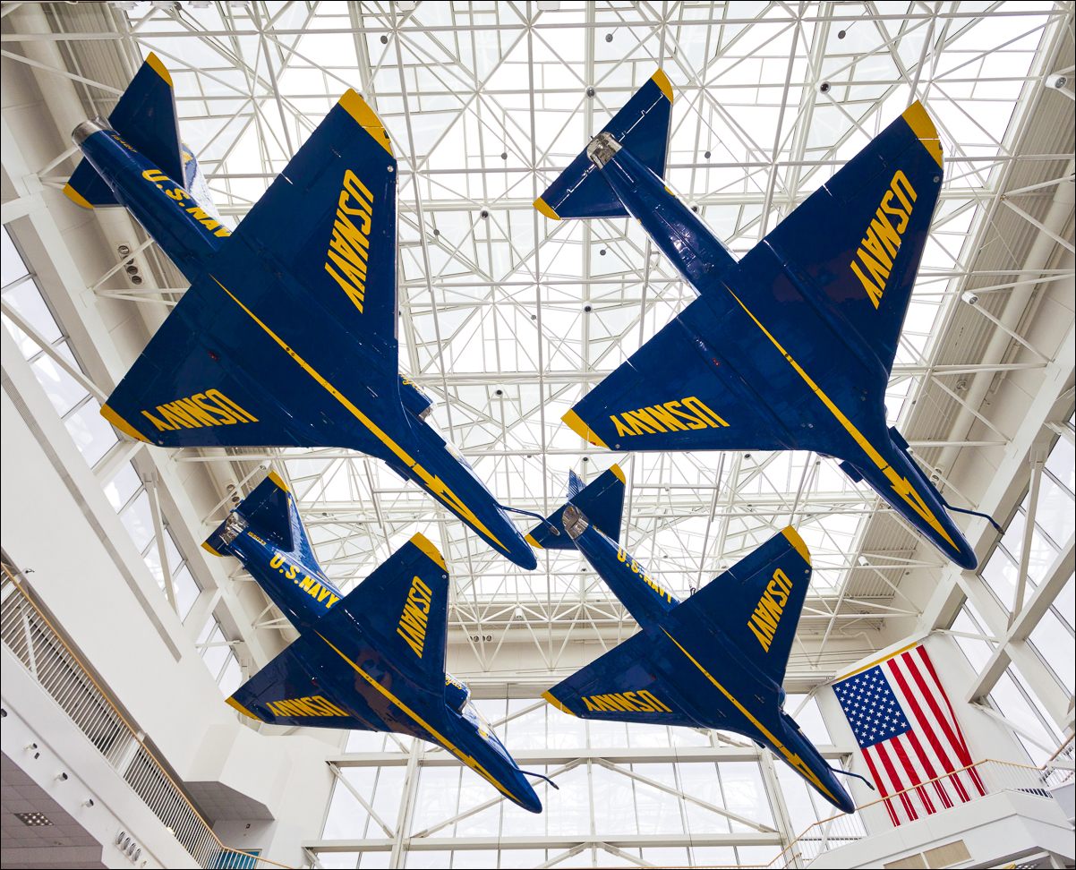 Formerly used by the Blue Angels, these A4 Skyraiders hang from the ceiling of the Naval Aviation Museum in Pensacola, Florida.