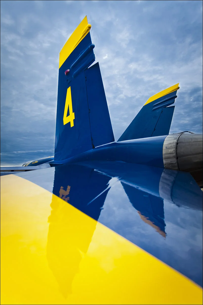  The empennage of the #4 (slot) Blue Angels F-18 Super Hornet. Naval Air Station Pensacola.