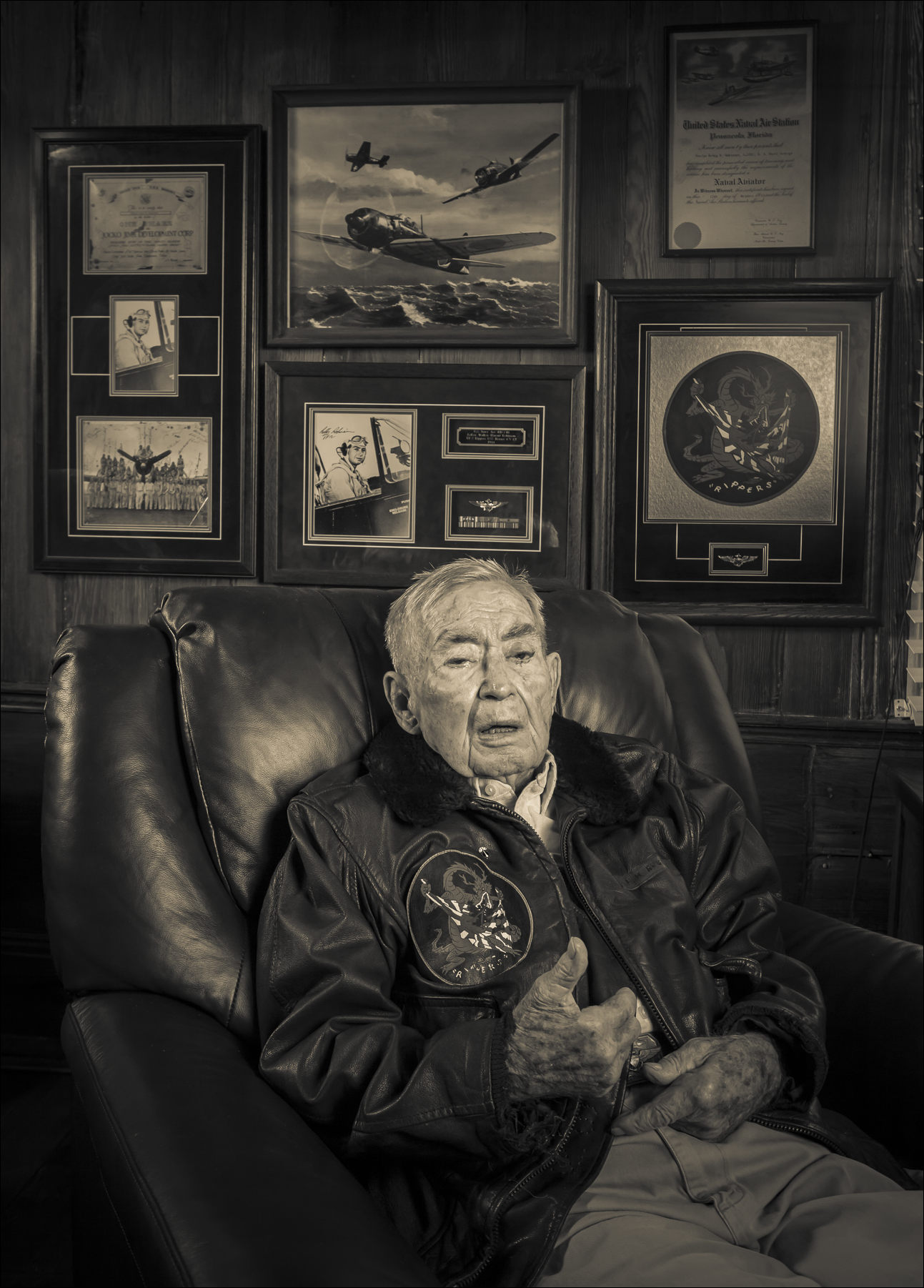 Commander Leroy Robinson sports his original G-1 flight jacket. He flew in both WWII and Korea, and later had a 32 year career with Delta Air Lines. Tignall, Georgia. ©2014 John Slemp