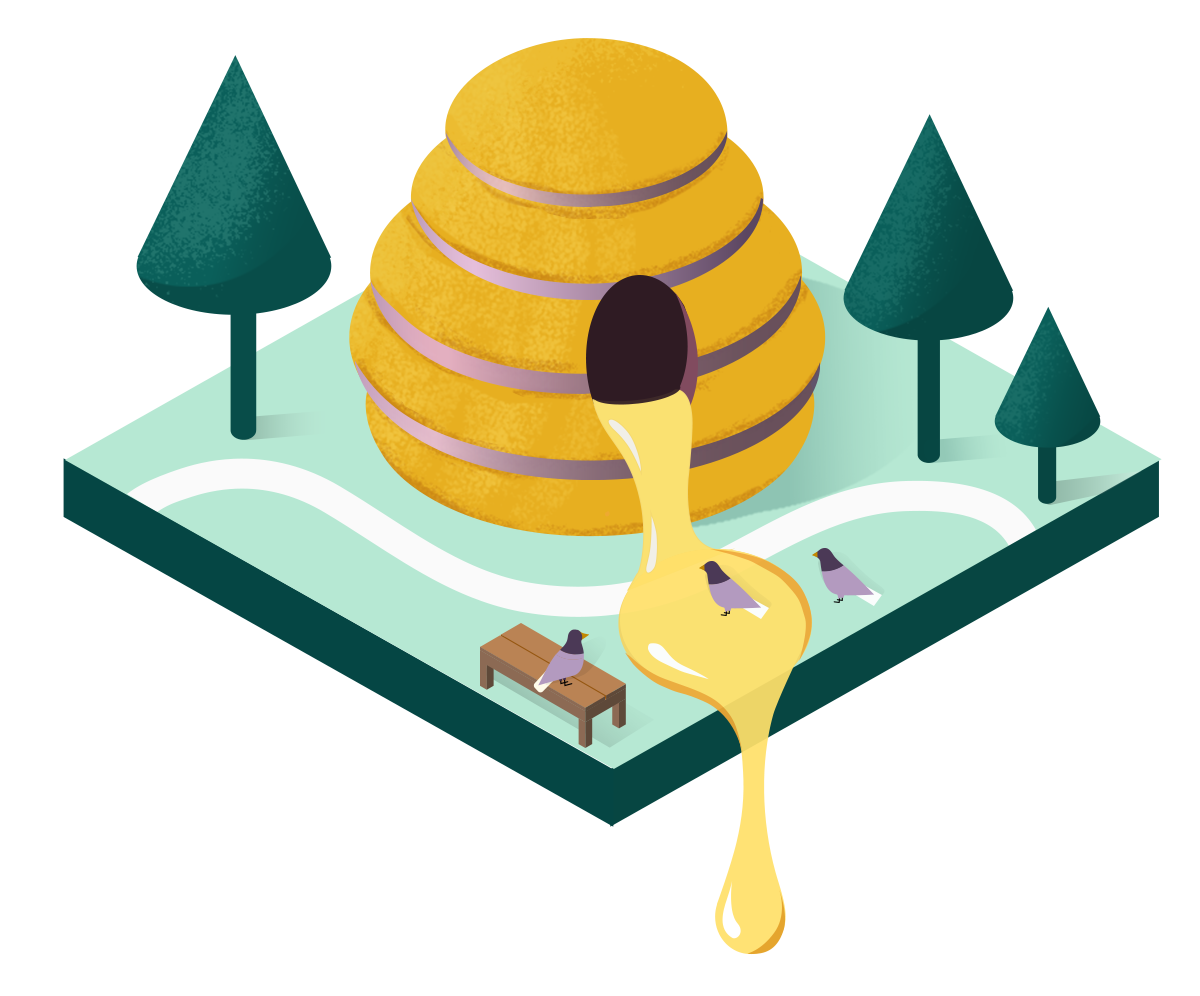 Illustration of gigantic beehive in a park with pigeons feeding on the honey.