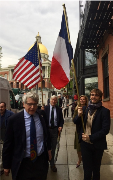Julien Icher, our Union Club luncheon speaker, carries the Tricolor during the procession to the Boston Common.