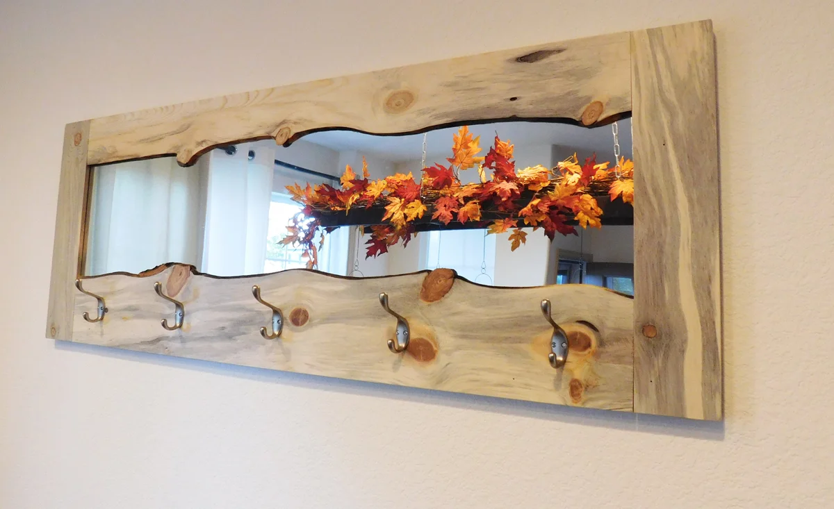 Beetle kill pine live edge coat rack mirror - $400