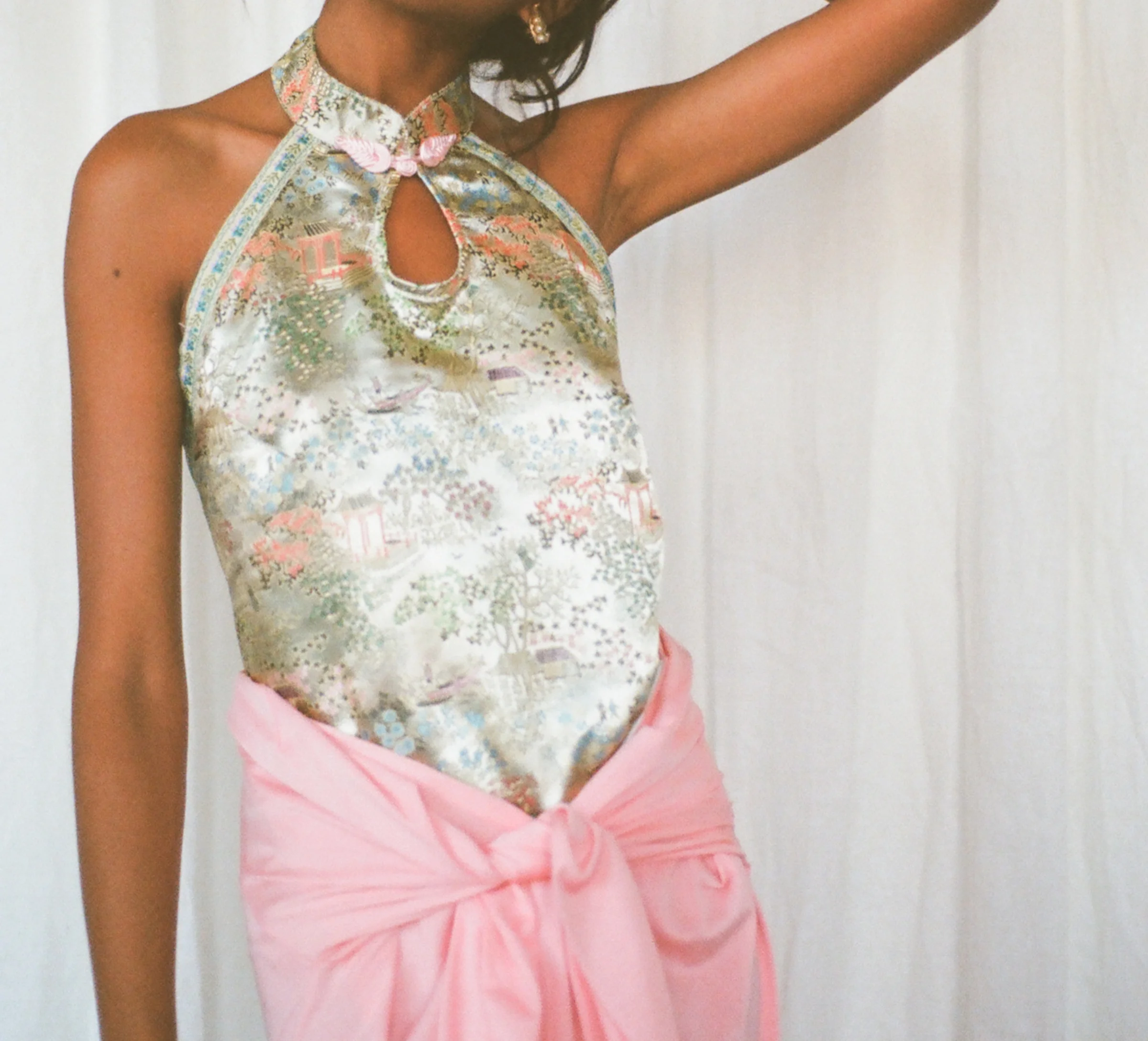 Chinese Pastel Embroidered Satin Halter 