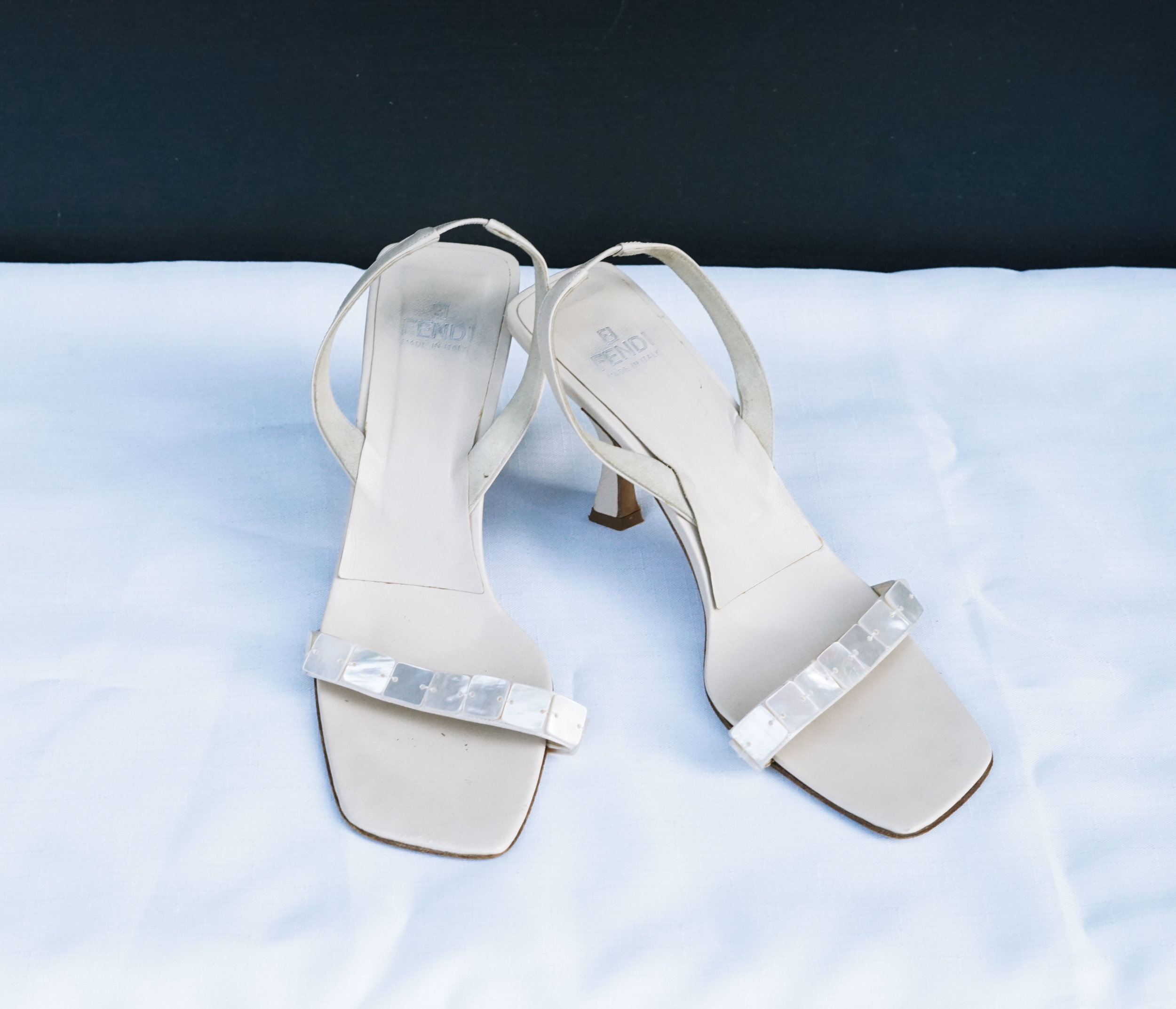 FENDI Cream Patent Leather Slingbacks, Heel Mother of Pearl Accent