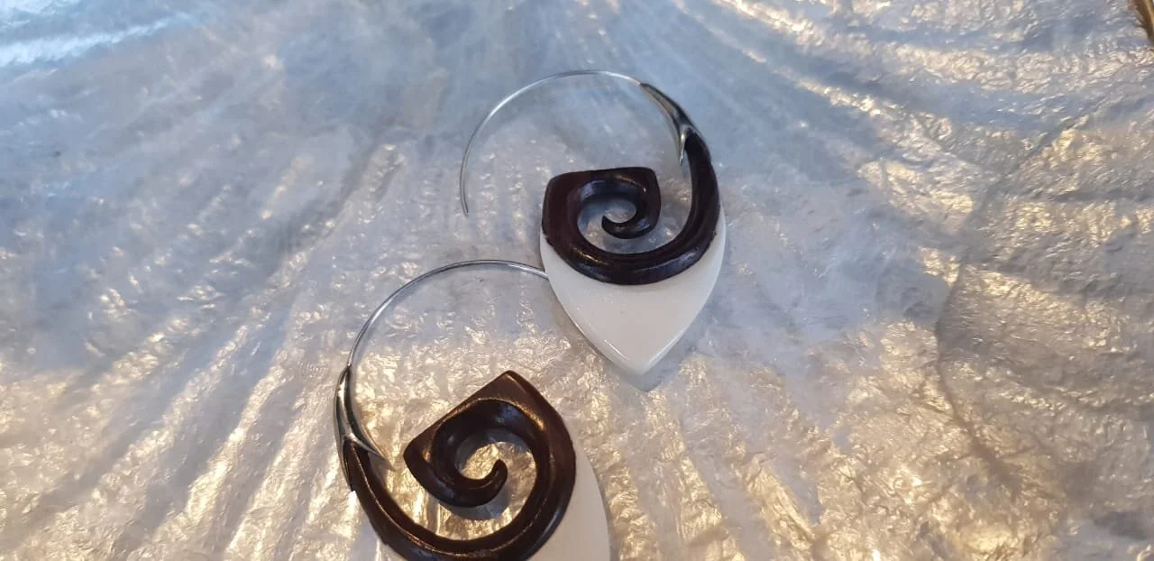 Tribal Carved Spiral Bone Wood Earrings Sterling Silver 
