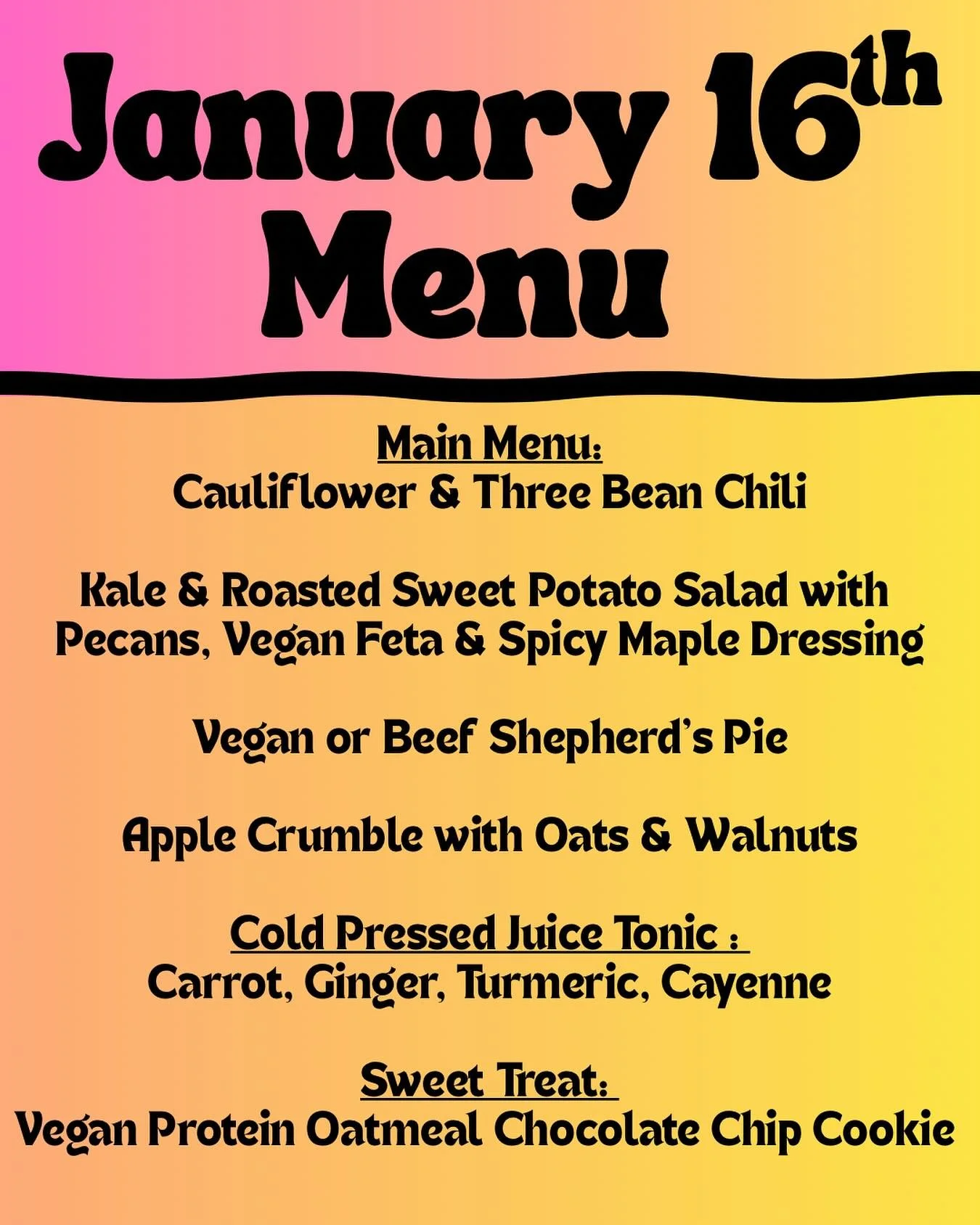 We&rsquo;re LIVE!!!

Menus for next week are up and ready for you. This first menu is comforting and homey which I think we all need right now. 

Order by 6pm Tuesday and pick up Friday in Roxbury.
DM  if you have any questions.

Thanks so much for y