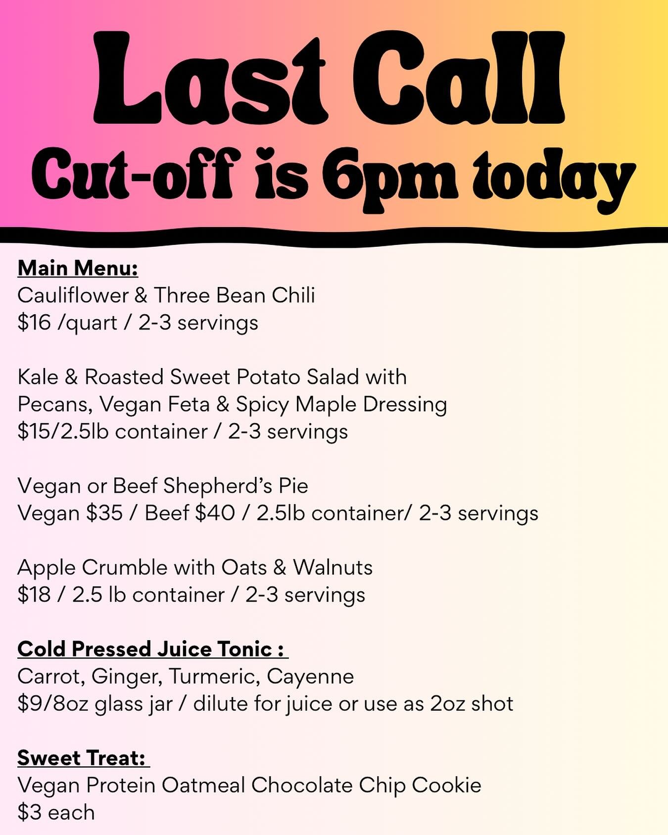 Last call for orders this week - order by 6pm today for pick up Friday. DM with any questions!
XOXO