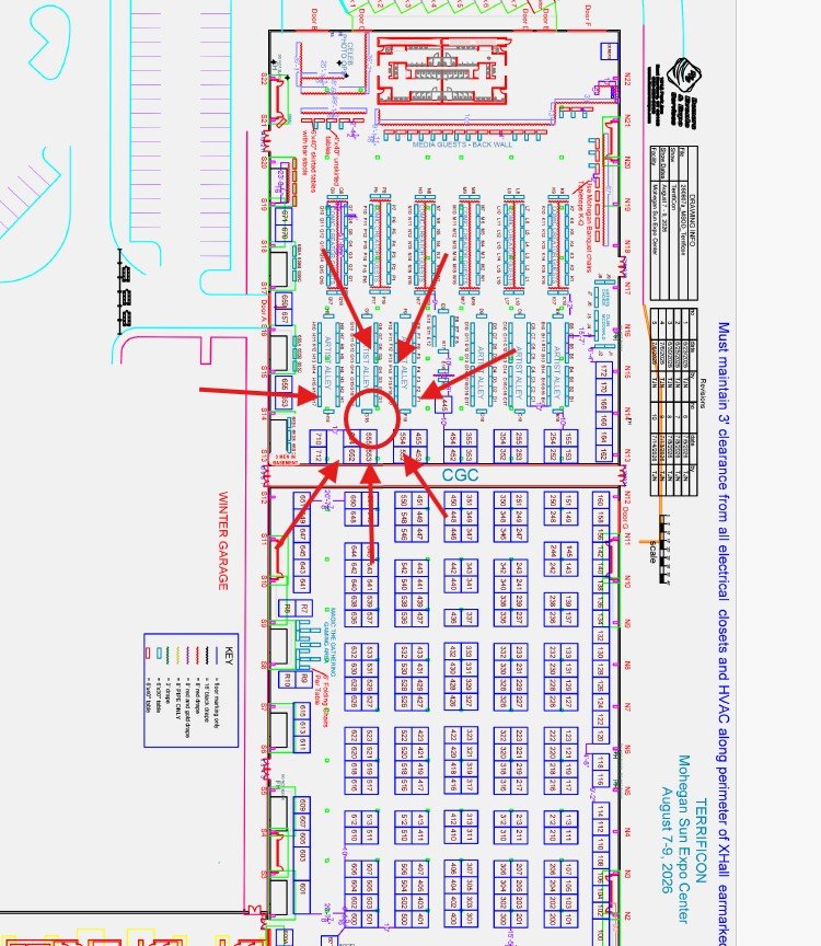 Map of Terrificon 2026 showing the location of Wayward Raven Media's booth - G18C