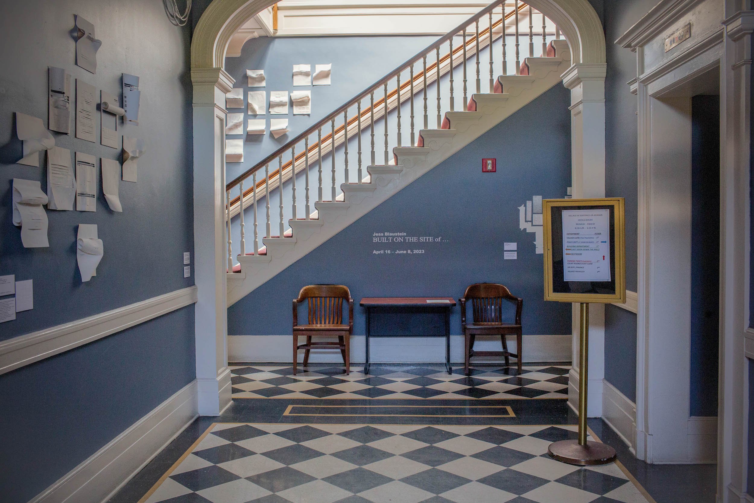 Installation view, BUILT ON THE SITE of…, commissioned site-specific installation, Municipal Building, Hastings-on-Hudson, NY, April 16 – June 8, 2023 / Photograph: Laura Miller