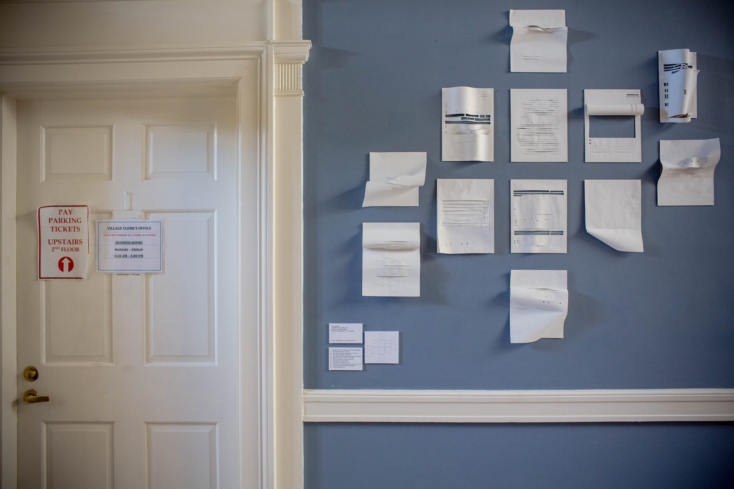 Installation view, BUILT ON THE SITE of…, commissioned site-specific installation, Municipal Building, Hastings-on-Hudson, NY, April 16 – June 8, 2023 / Photograph: Laura Miller