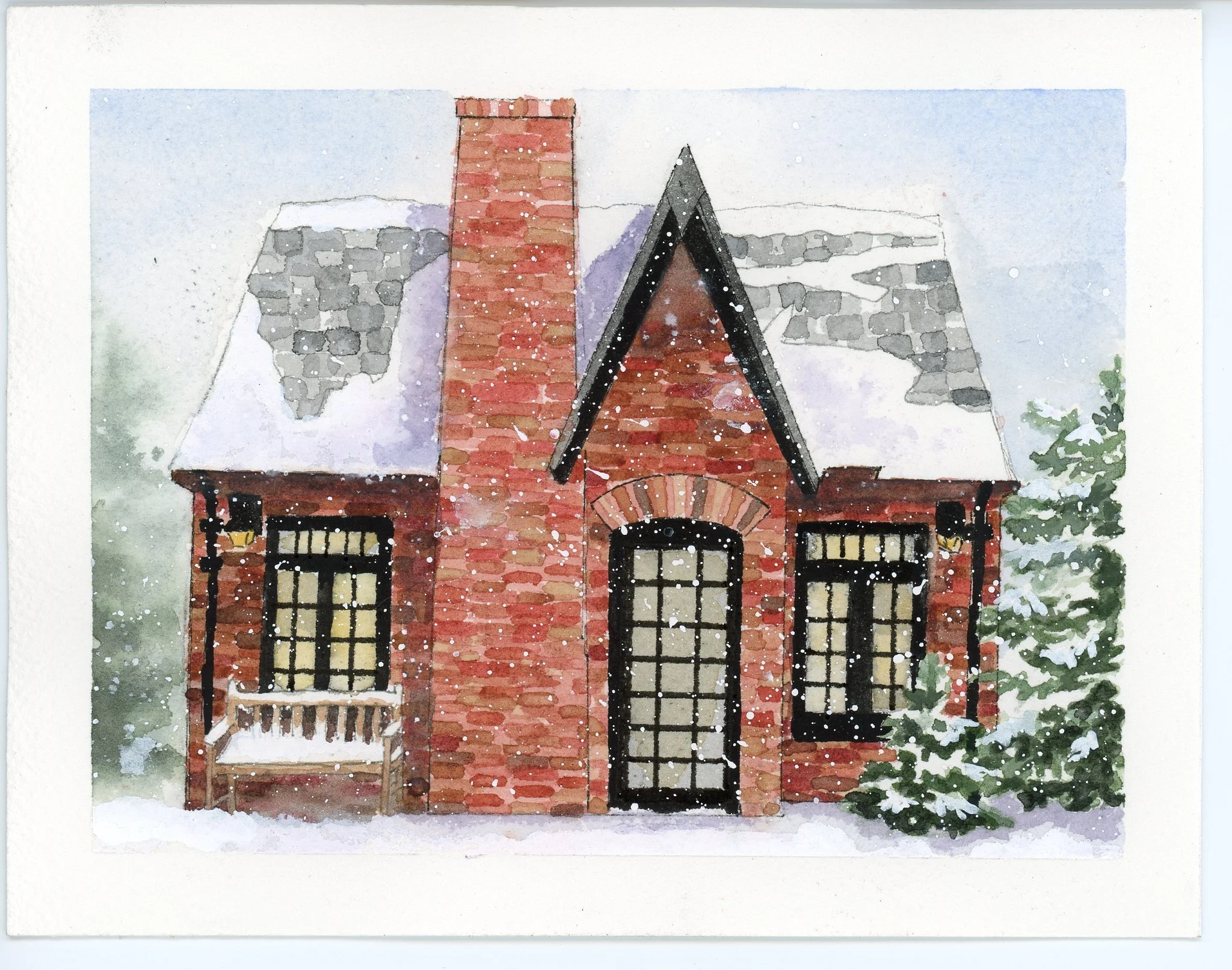 Watercolor painting of a house with brick chimney, pitched roof, and large windows, surrounded by snow and trees in the background.