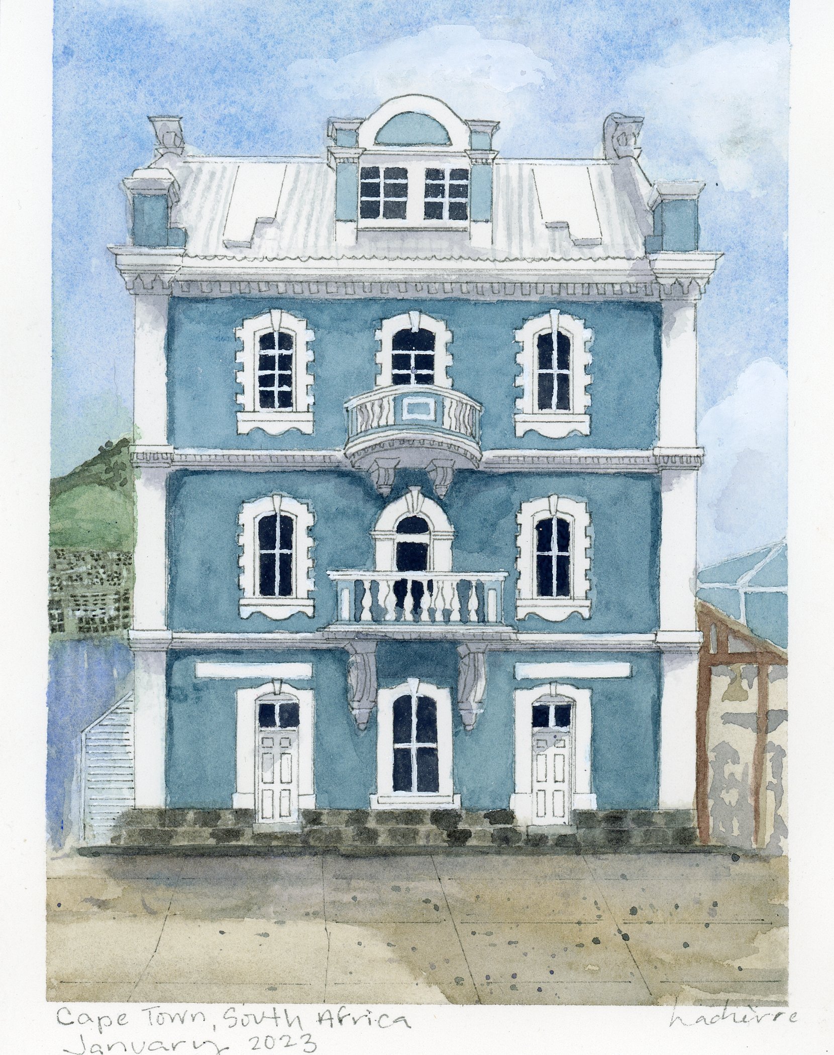 Watercolor painting of a blue Victorian-style house with white trim and a small front porch, under a partly cloudy sky.