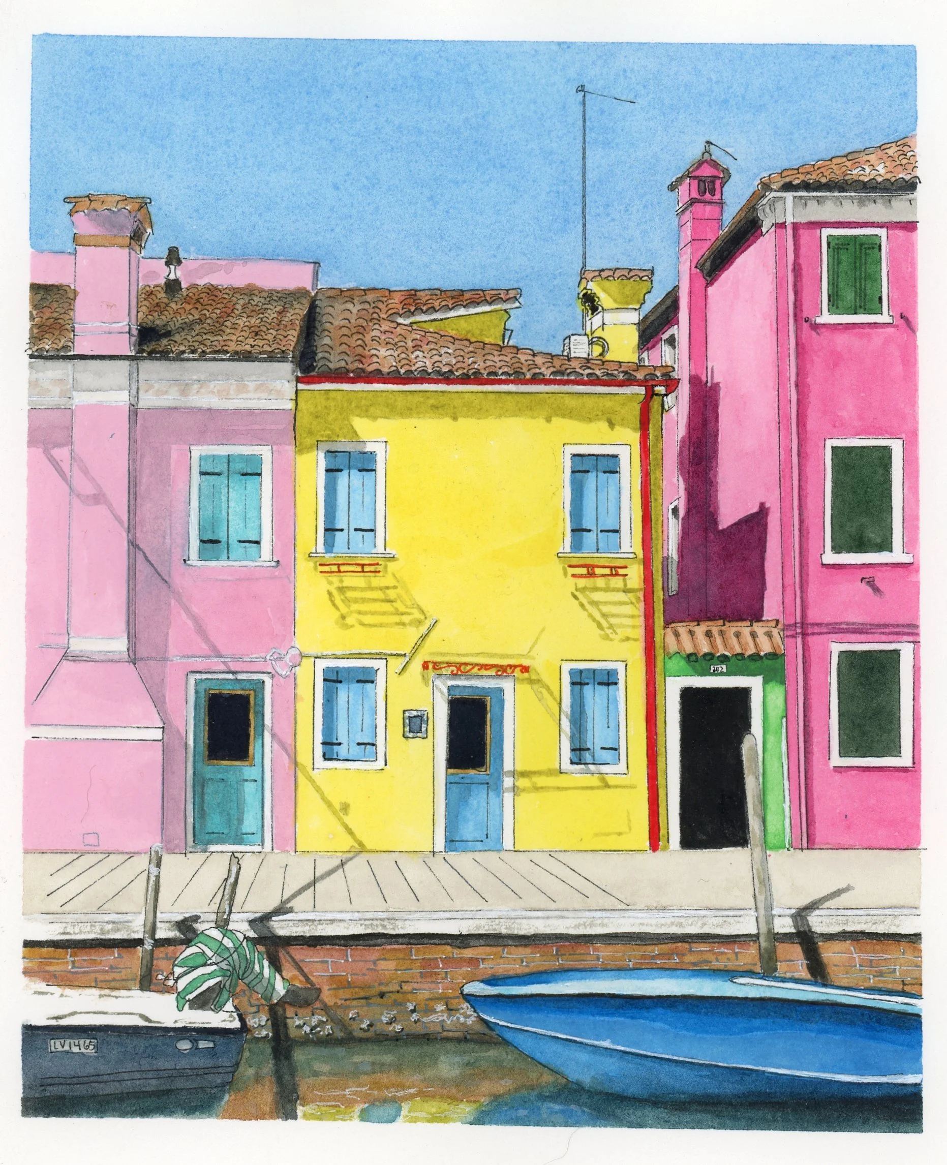 Watercolor painting of colorful houses along a canal, with a person standing near a small boat, under a blue sky.