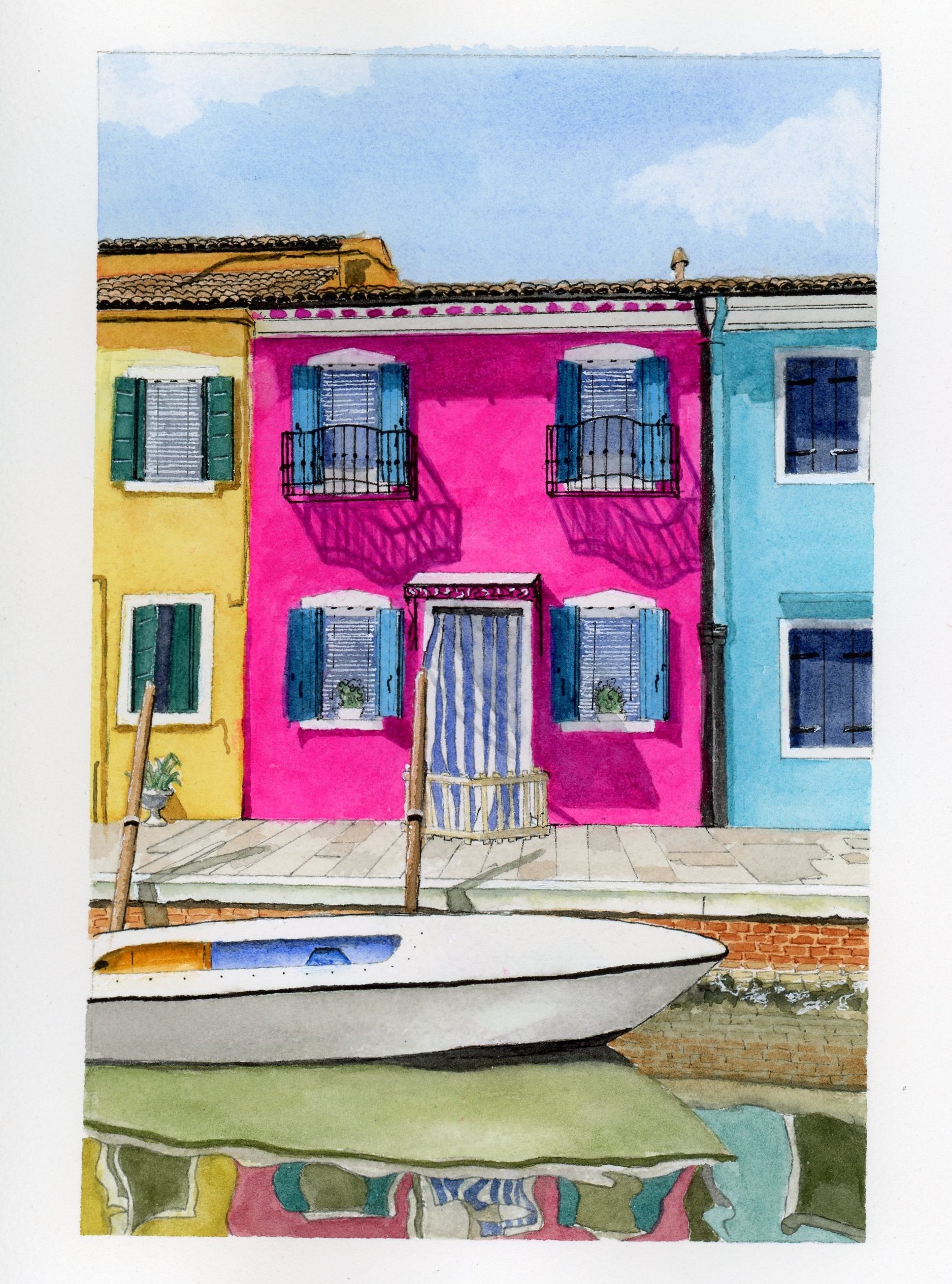 Colorful buildings with blue, pink, and yellow facades, featuring balconies, shutters, and patterned awnings; a boat is docked at a pier in front.