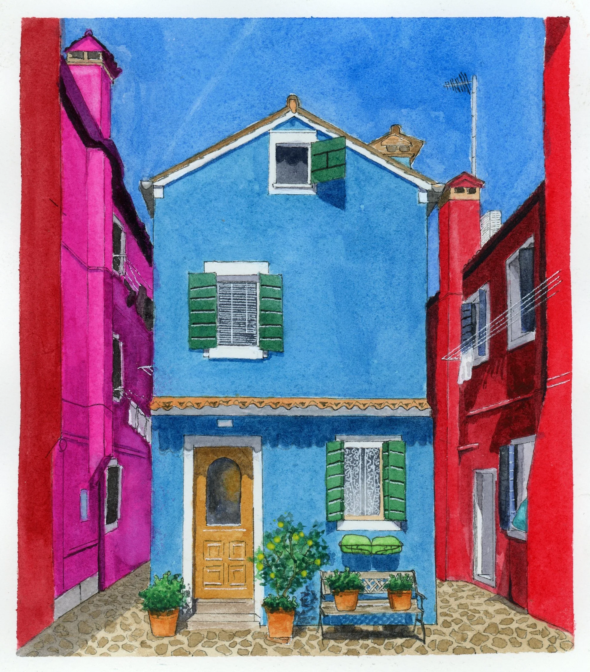 A colorful outdoor scene viewed from inside a room looking out through two open red and pink window shutters. Outside, there is a patio with potted plants, a bright yellow door, and a blue wall with white trim and a green window with shutters. The bo
