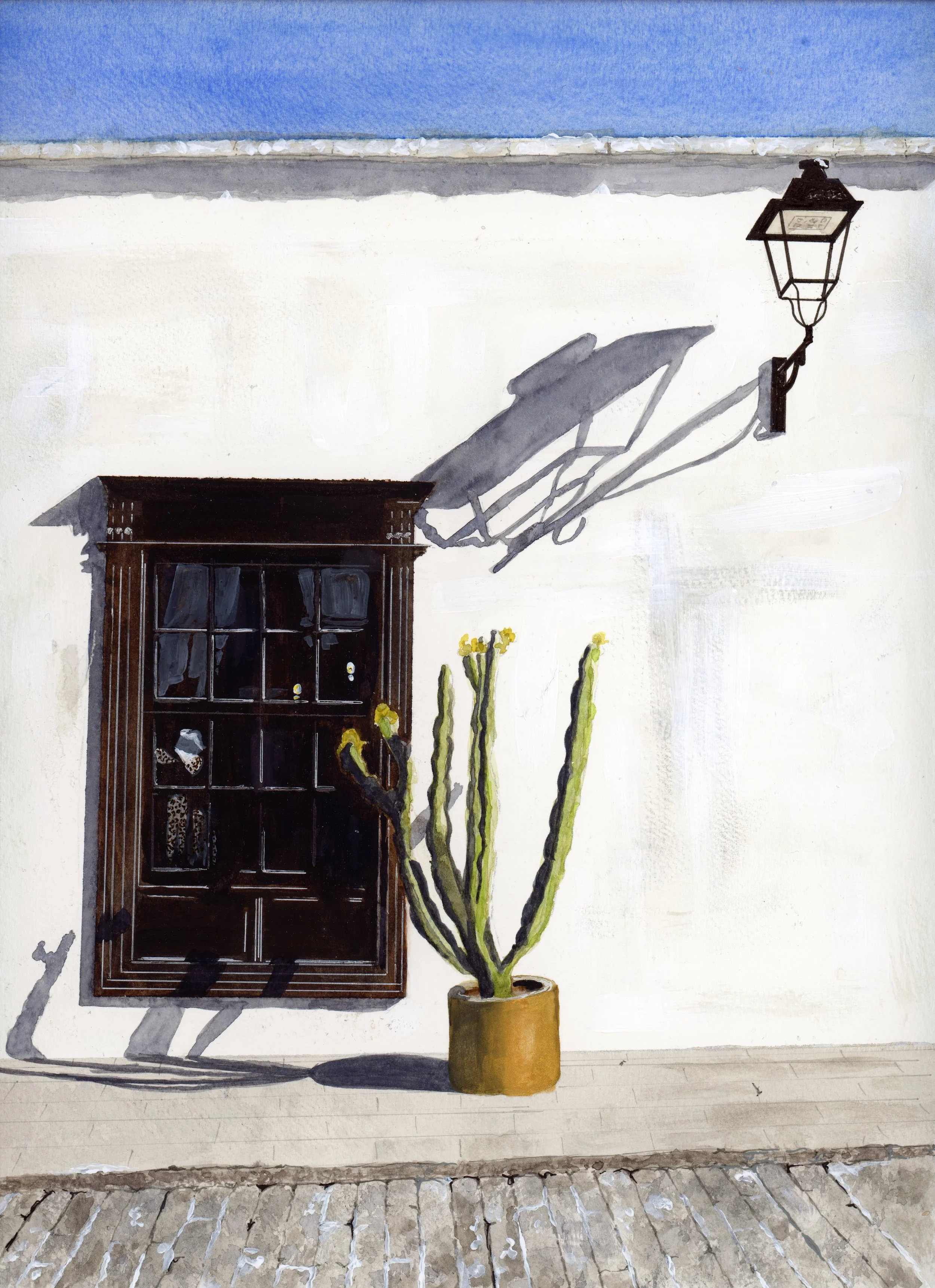 Watercolor painting of a white wall with a window, a plant in a brown pot, and a black outdoor lamp casting a shadow, with a beach and blue sky in the background.