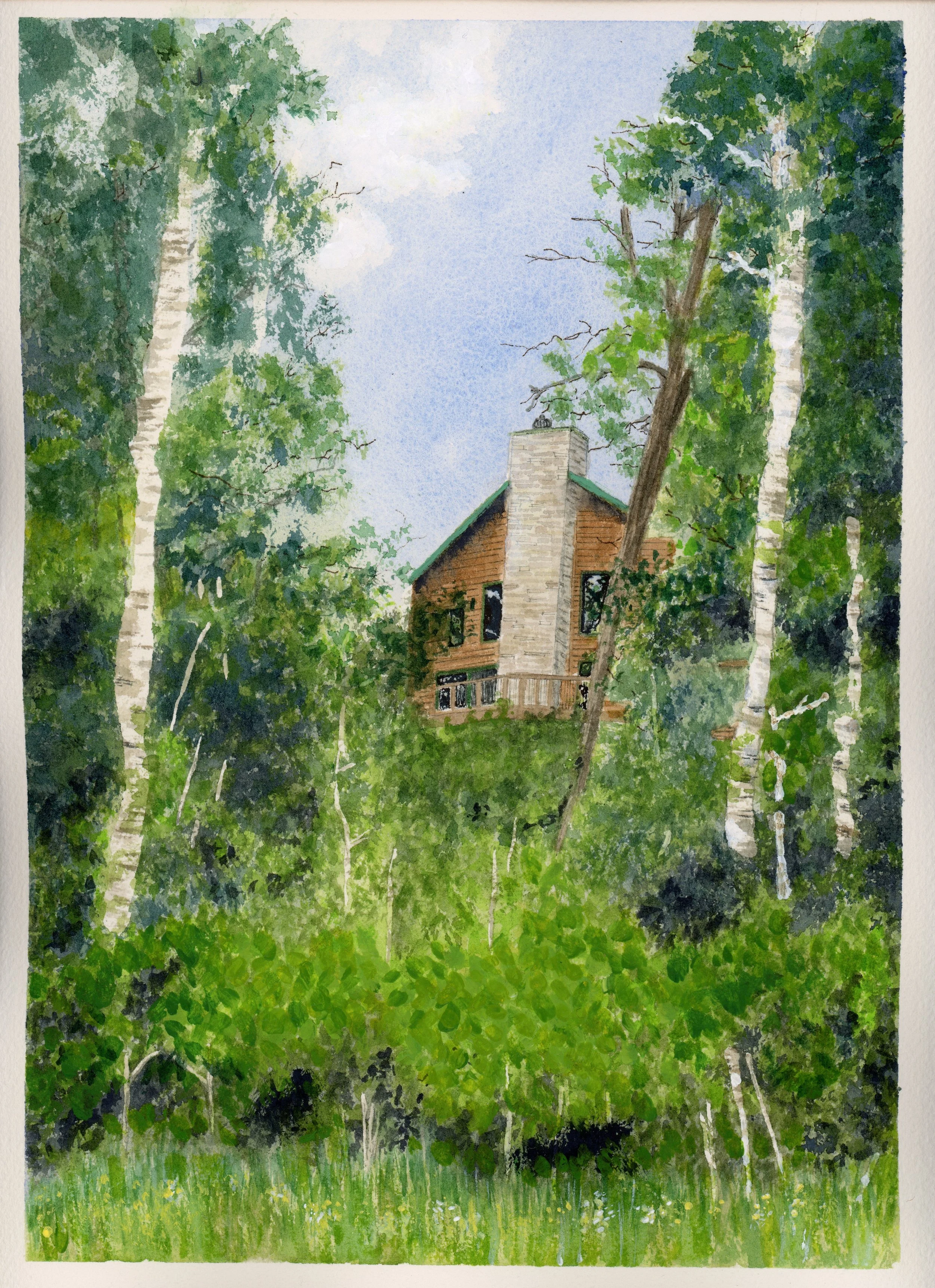 Watercolor painting of a Wisconsin cabin with a chimney surrounded by tall green birch trees and a grassy foreground.