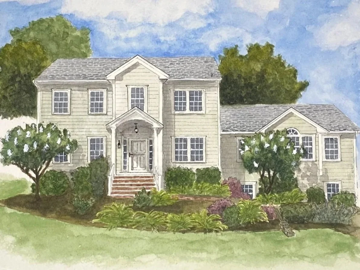 Watercolor home portrait of a two-story house with a front porch, surrounded by bushes and trees, under a blue sky with some clouds.