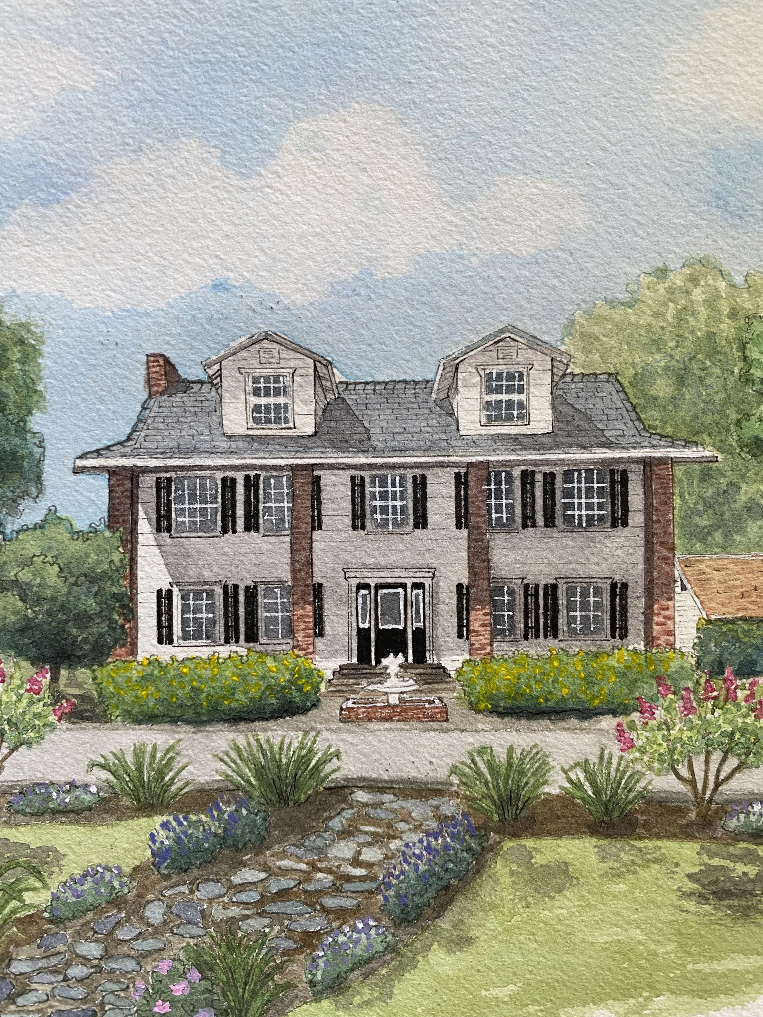 A watercolor painting of a large farmhouse with a prominent porch, surrounded by a garden with colorful flowers, trees, and a stone pathway leading to the front steps. The sky is partly cloudy.