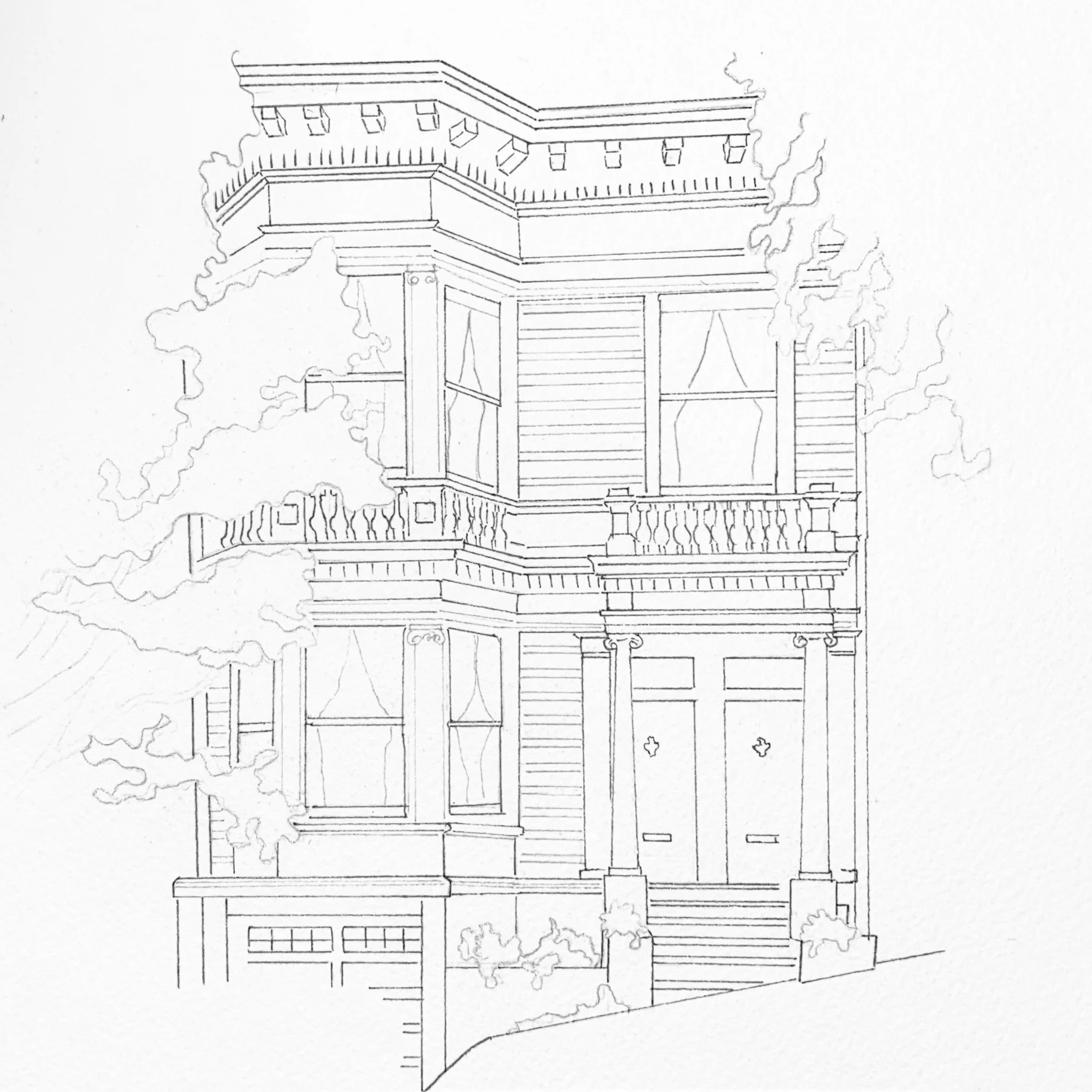 Line drawing of a multi-story house on Lombard St in San Fransisco with a balcony, surrounded by trees and bushes.