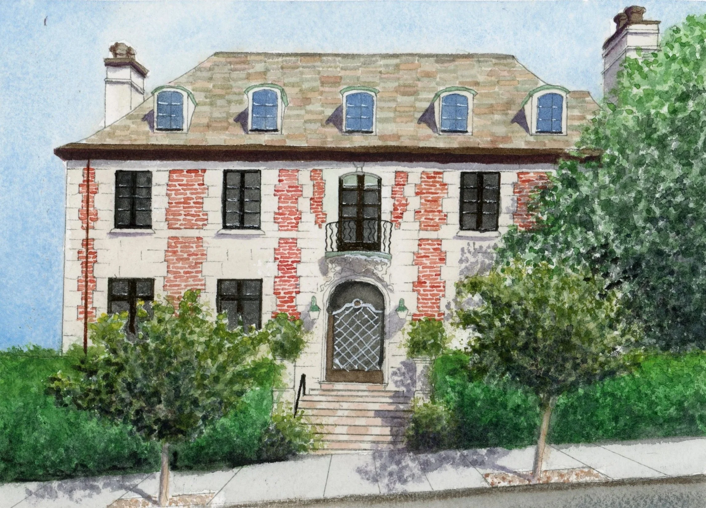Watercolor painting of a brick and white stucco house with a brown tiled roof, four rooftop windows, and a front door with stairs. Green bushes and trees surround the house, with a clear blue sky in the background.