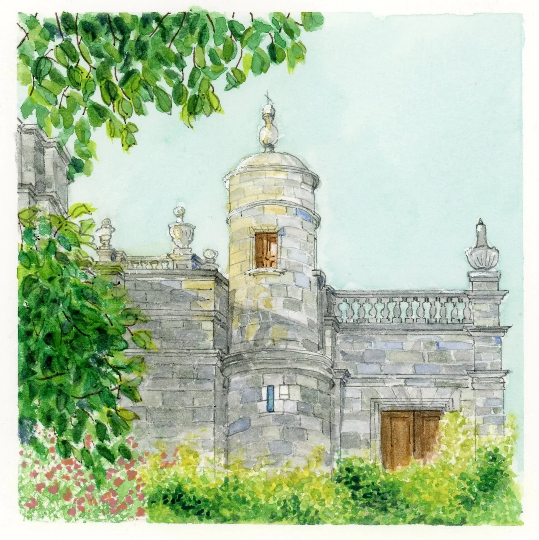 A detailed watercolor painting of an old stone building with a tower, surrounded by lush green trees and flowers, under a clear sky.