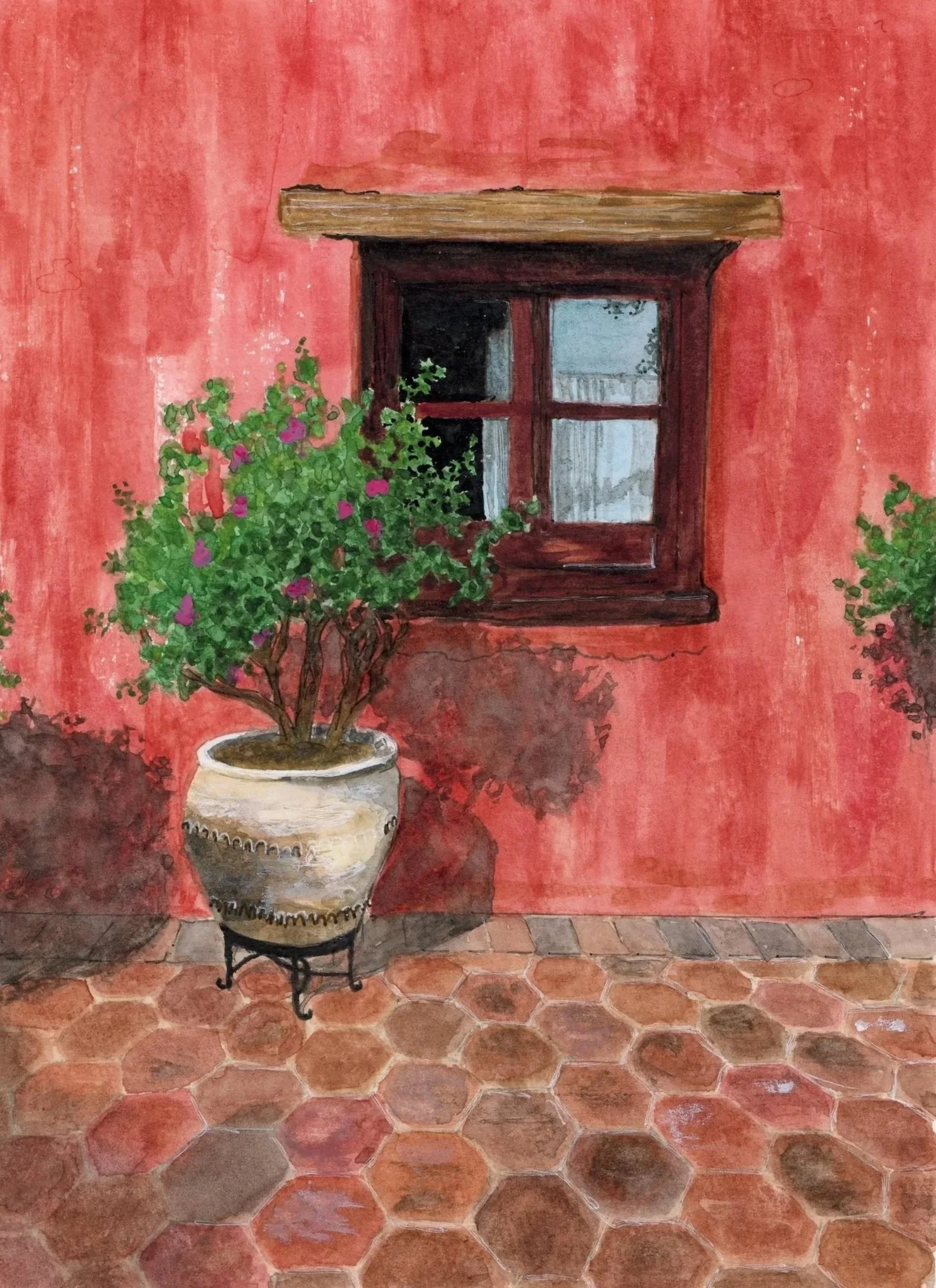 A painting of a red wall with a small window and a potted plant on a stand on a tiled floor.