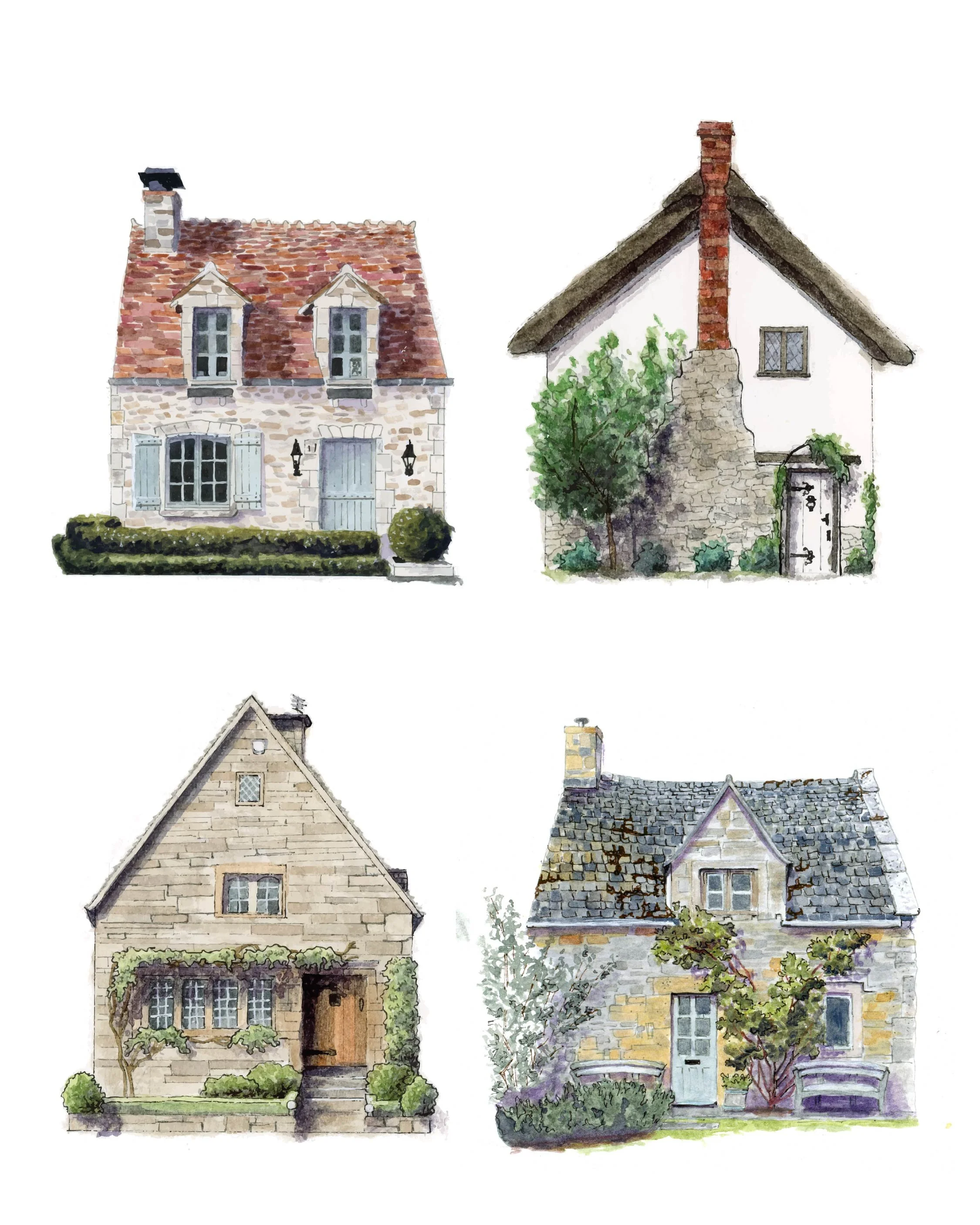 Four watercolor-style houses with stone and brick exteriors, pitched roofs, and greenery in front.
